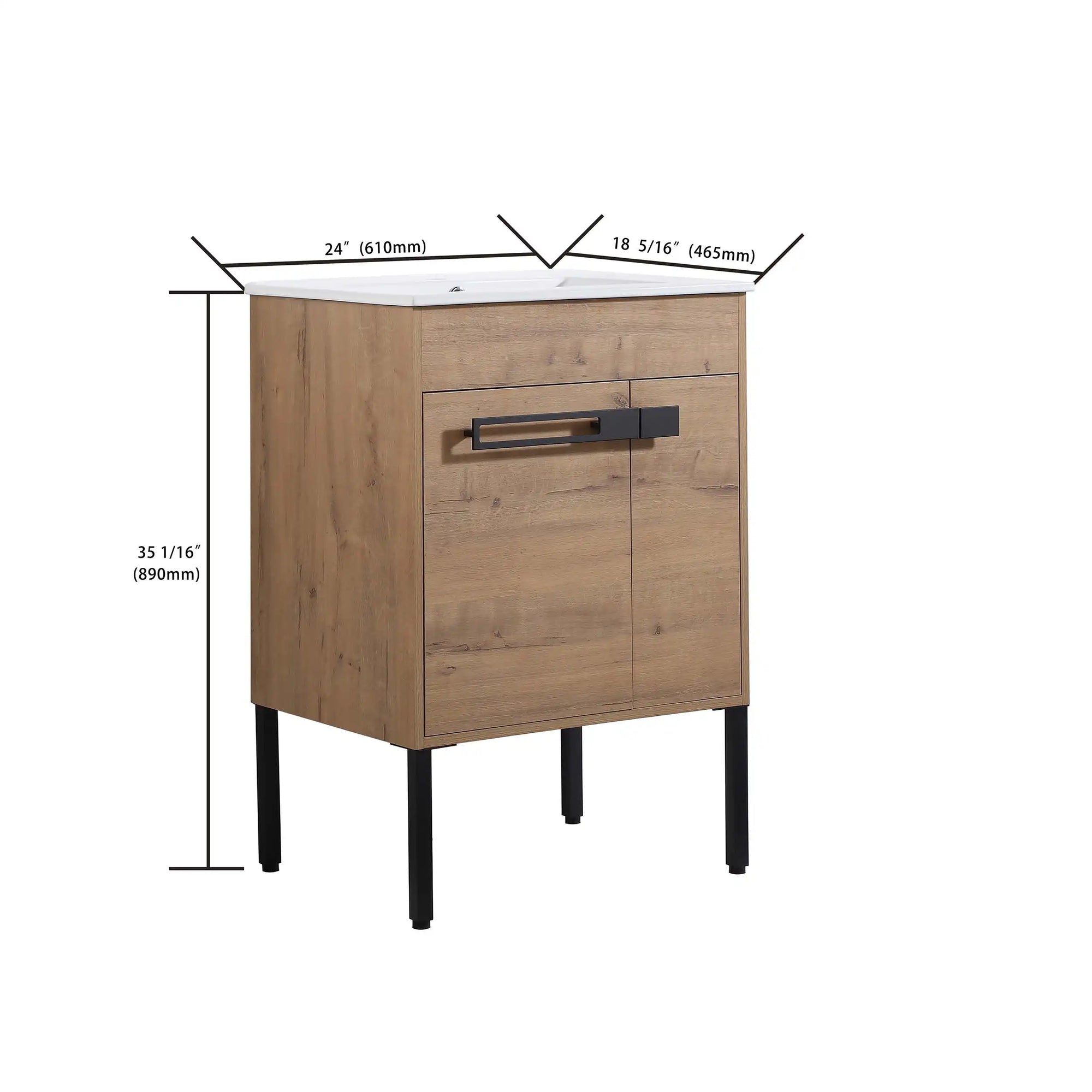 24" freestanding bathroom vanity with sink showing overall dimensions and size reference | Ace Decor