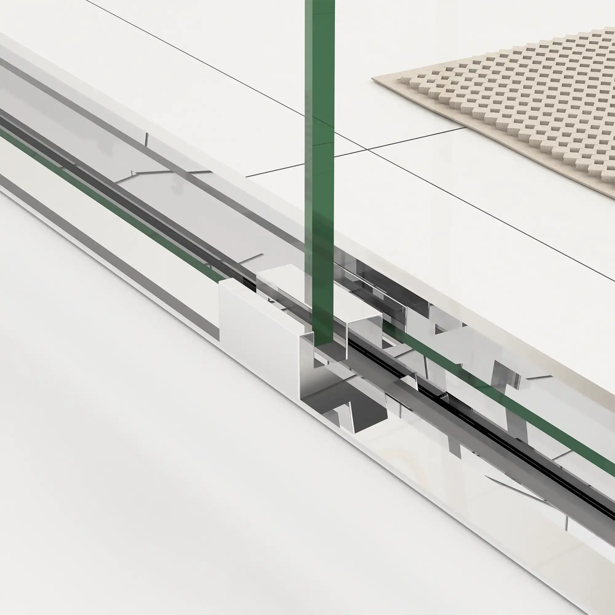 Close-up of lower guide rail on 60 x 70 framed glass shower door | Ace Decor