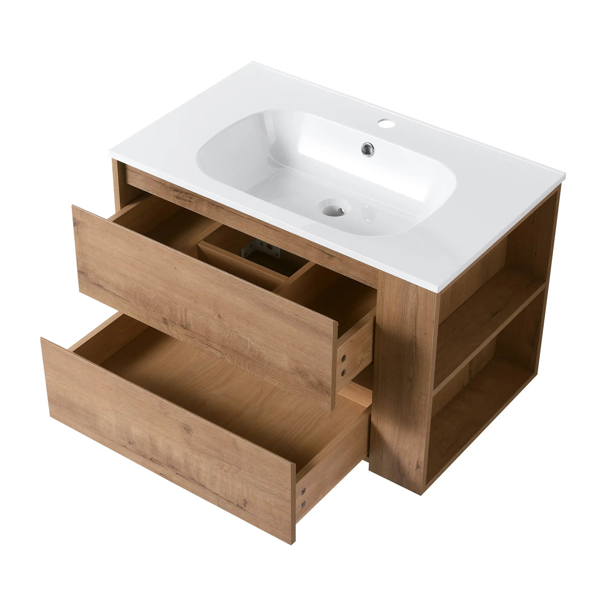 30" bathroom sink vanity featuring spacious storage drawers and side open shelves in oak finish.