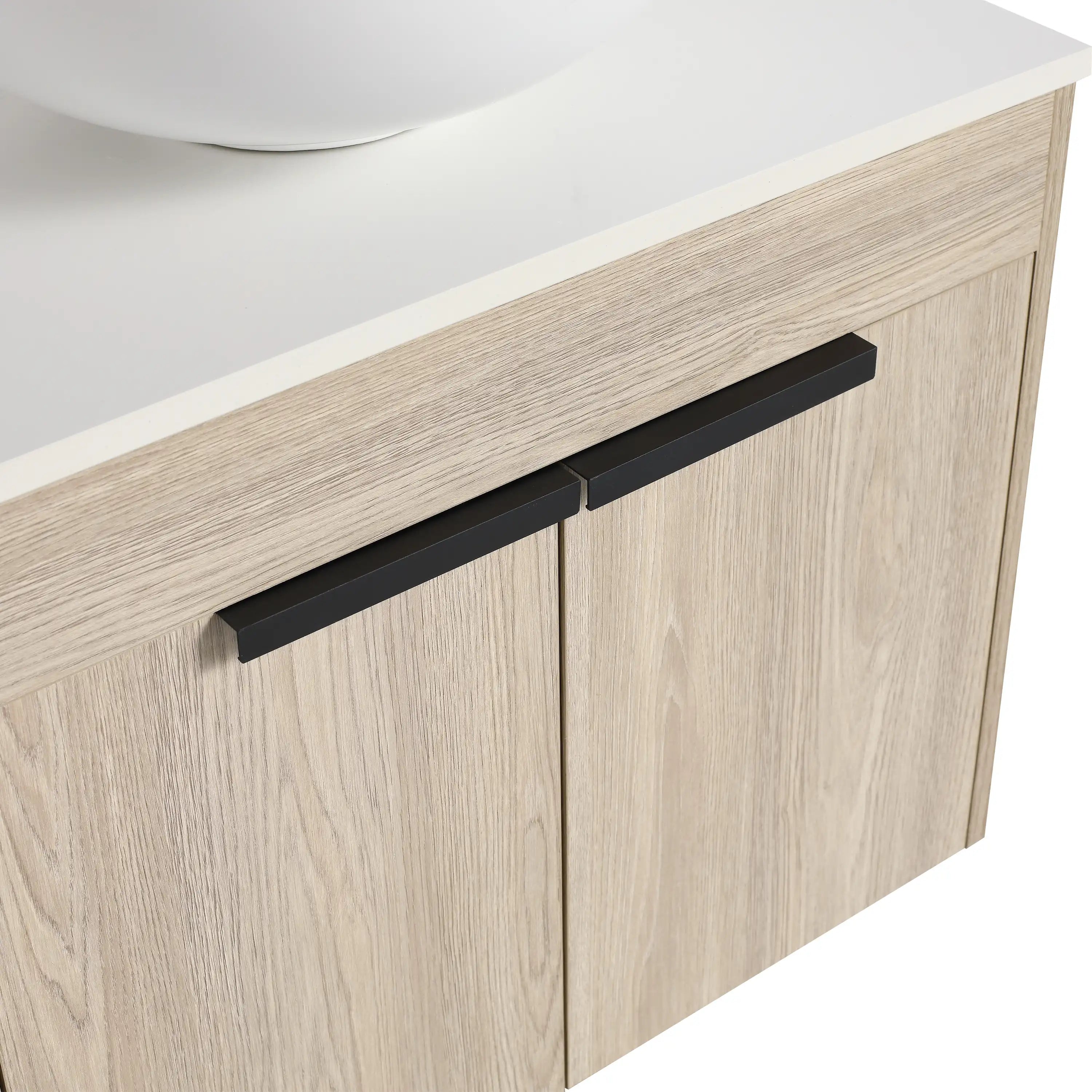 24" vessel sink vanity with matte black hardware detail.