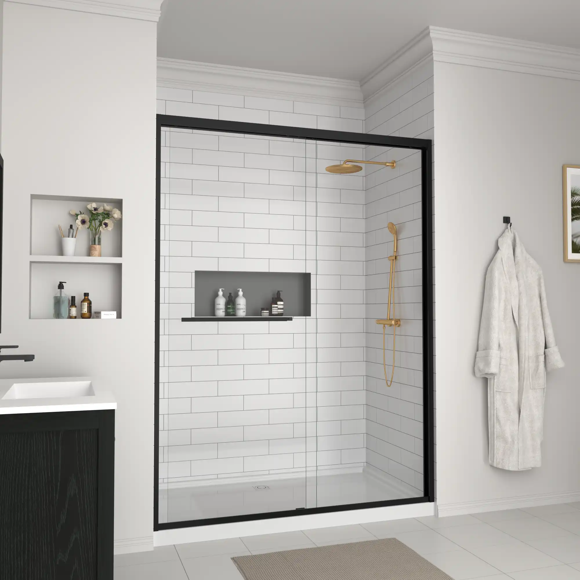 Angled bathroom view showcasing 60 x 70 sliding doors for shower | Ace Decor