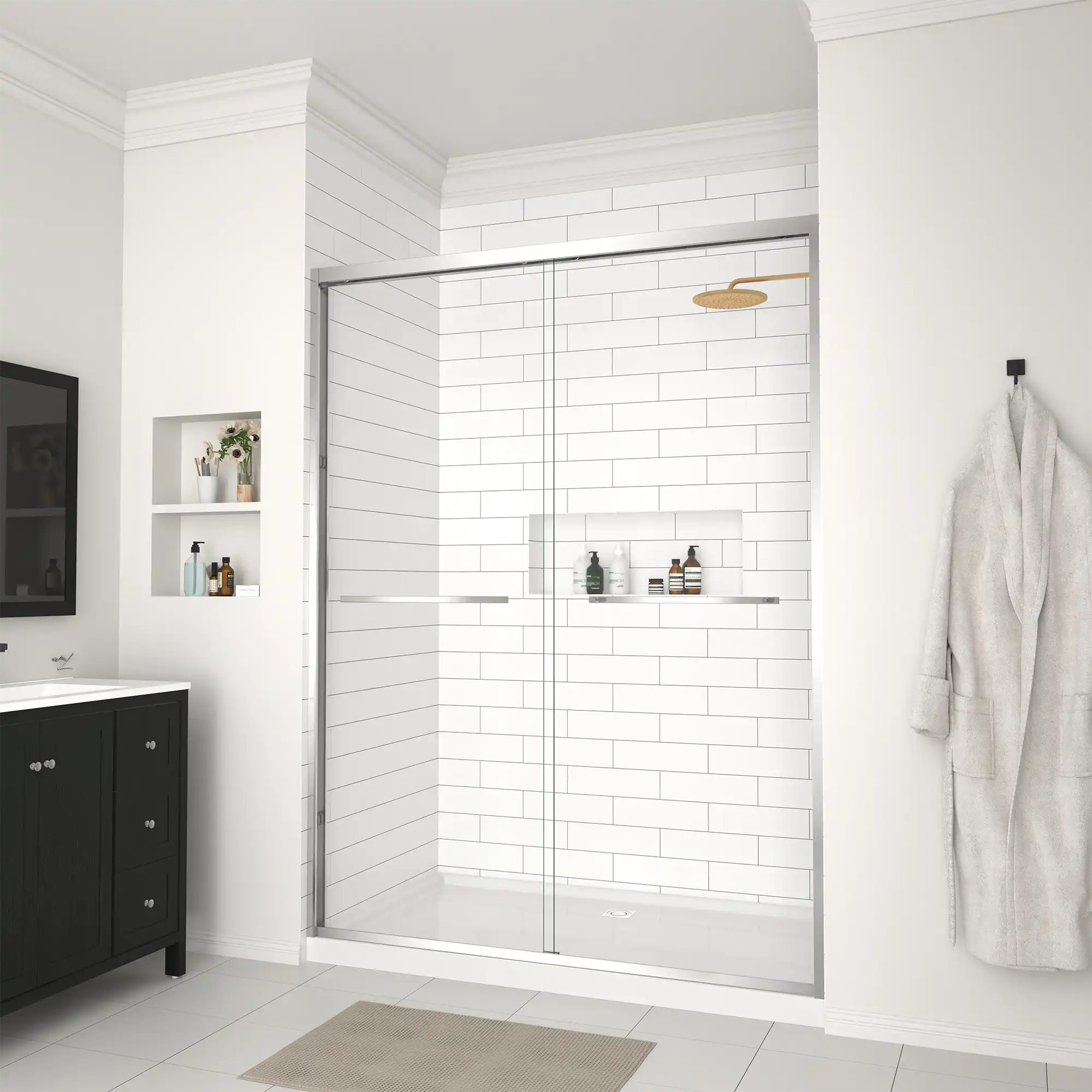 Front angle of 60 x 70 framed glass shower door installed in a modern white-tile shower | Ace Decor