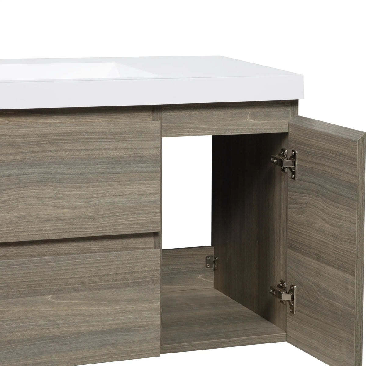 48 inch bathroom vanity with wide cabinet space and soft-close hinges for quiet use.