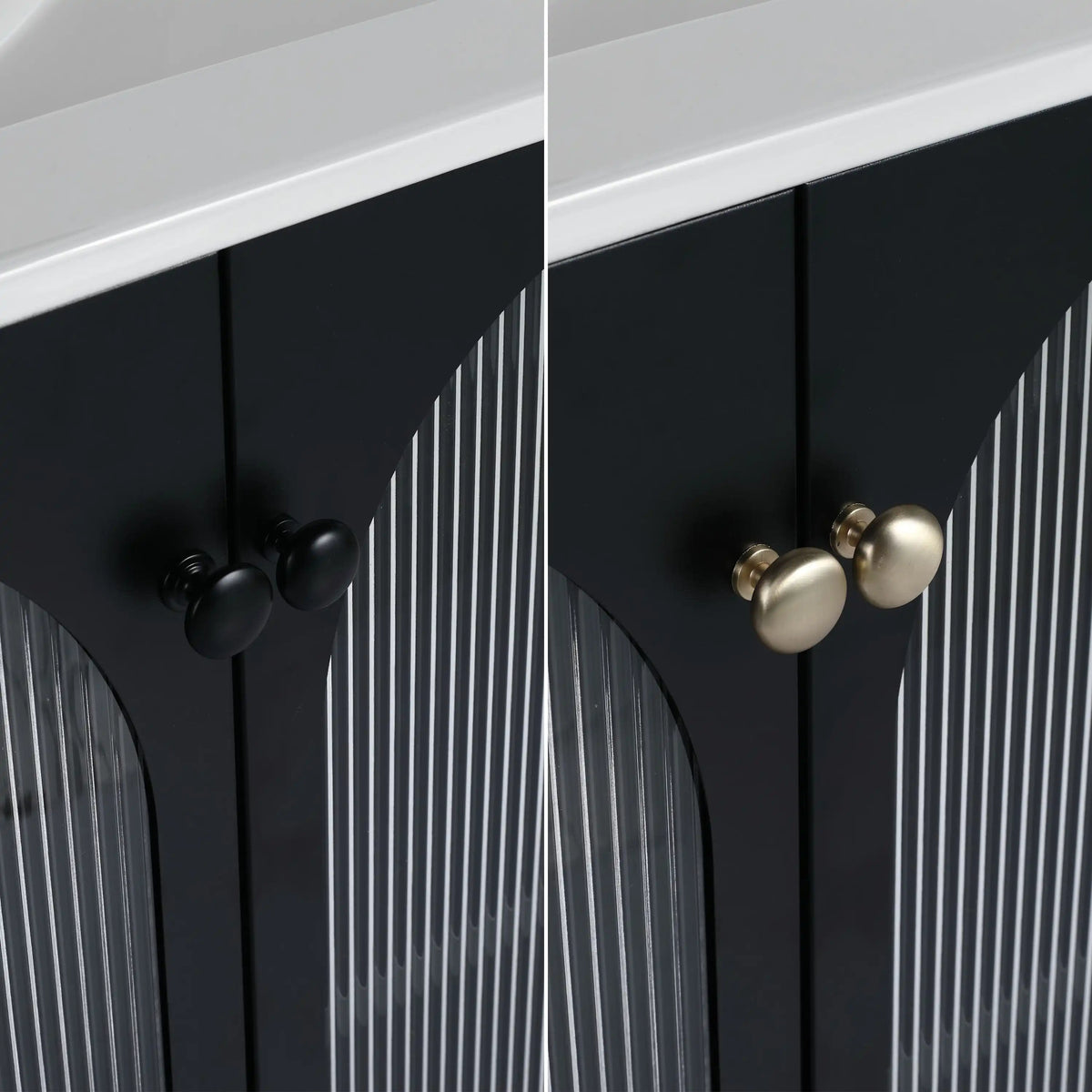 Handle options on ribbed acrylic doors of AeroGrid 30" freestanding makeup vanity.