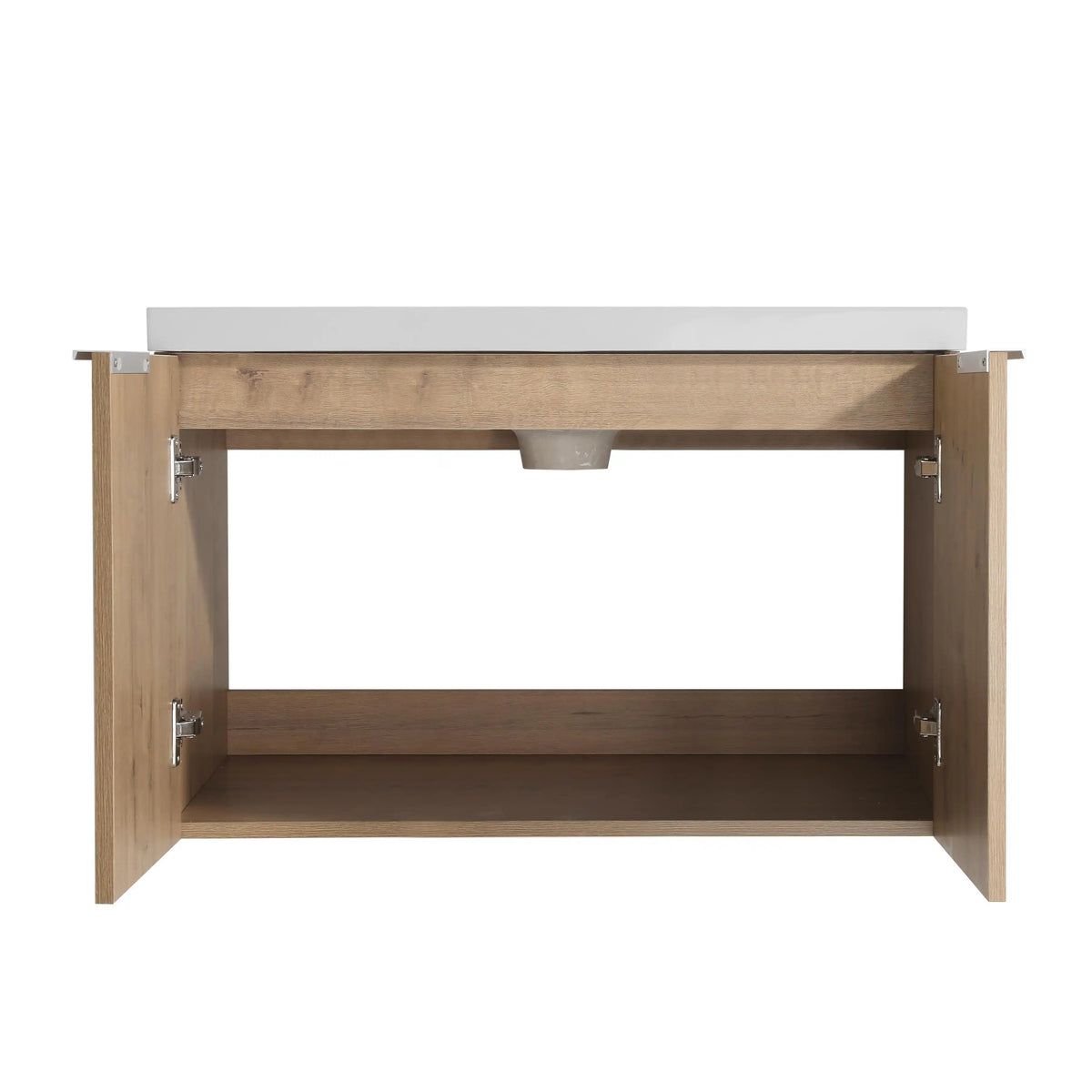 Monterey Series bathroom floating vanity in oak finish with cabinet doors opened showing ample storage space.