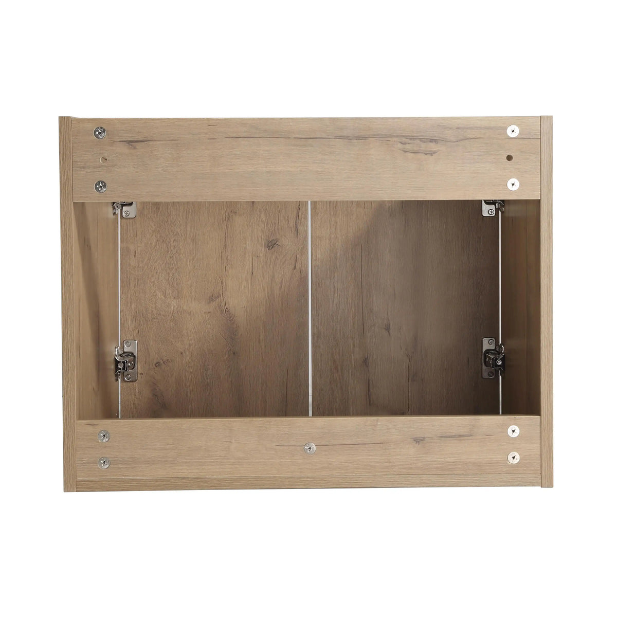 Rear view of the 24 inch floating bathroom vanity in oak finish.