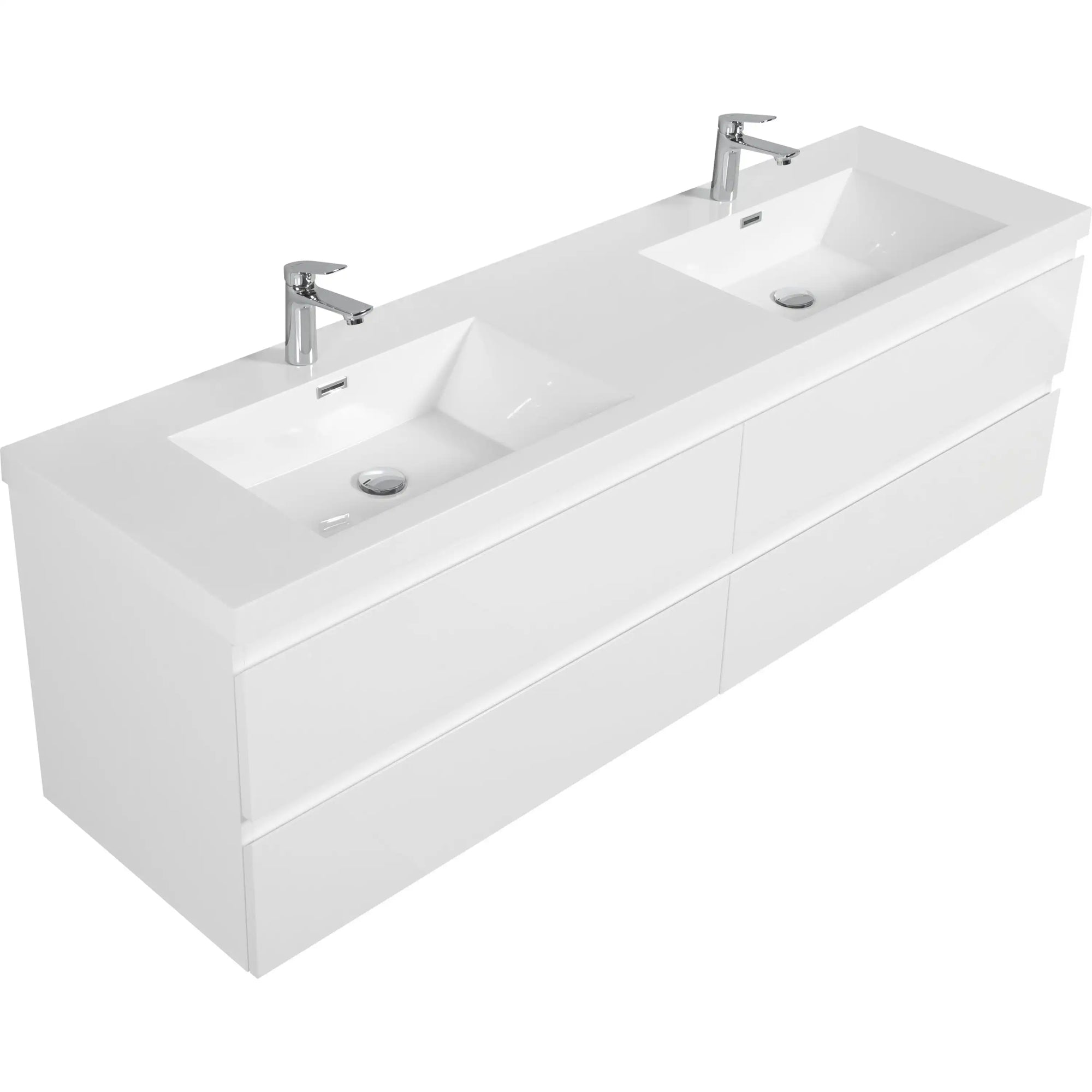 71 inch bathroom vanity angled view showing wall-mounted double sink design | Ace Decor