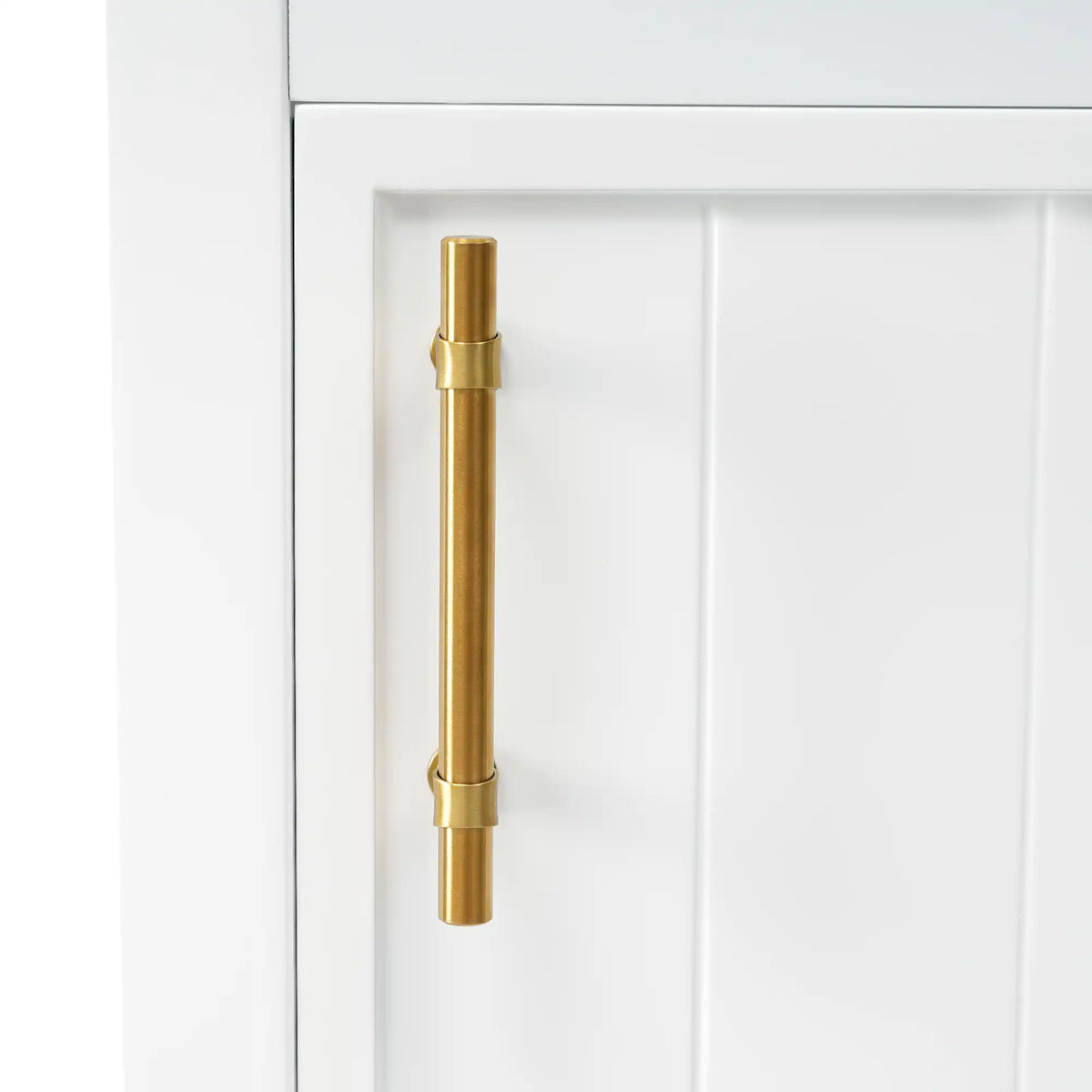 20" white bathroom vanity with gold finish metal handle detail.