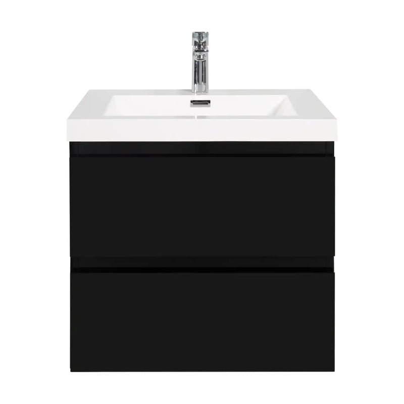 24-42 Inch Glossy Black Bathroom Floating Vanity with Resin Sink and 2 Soft-Close Drawers