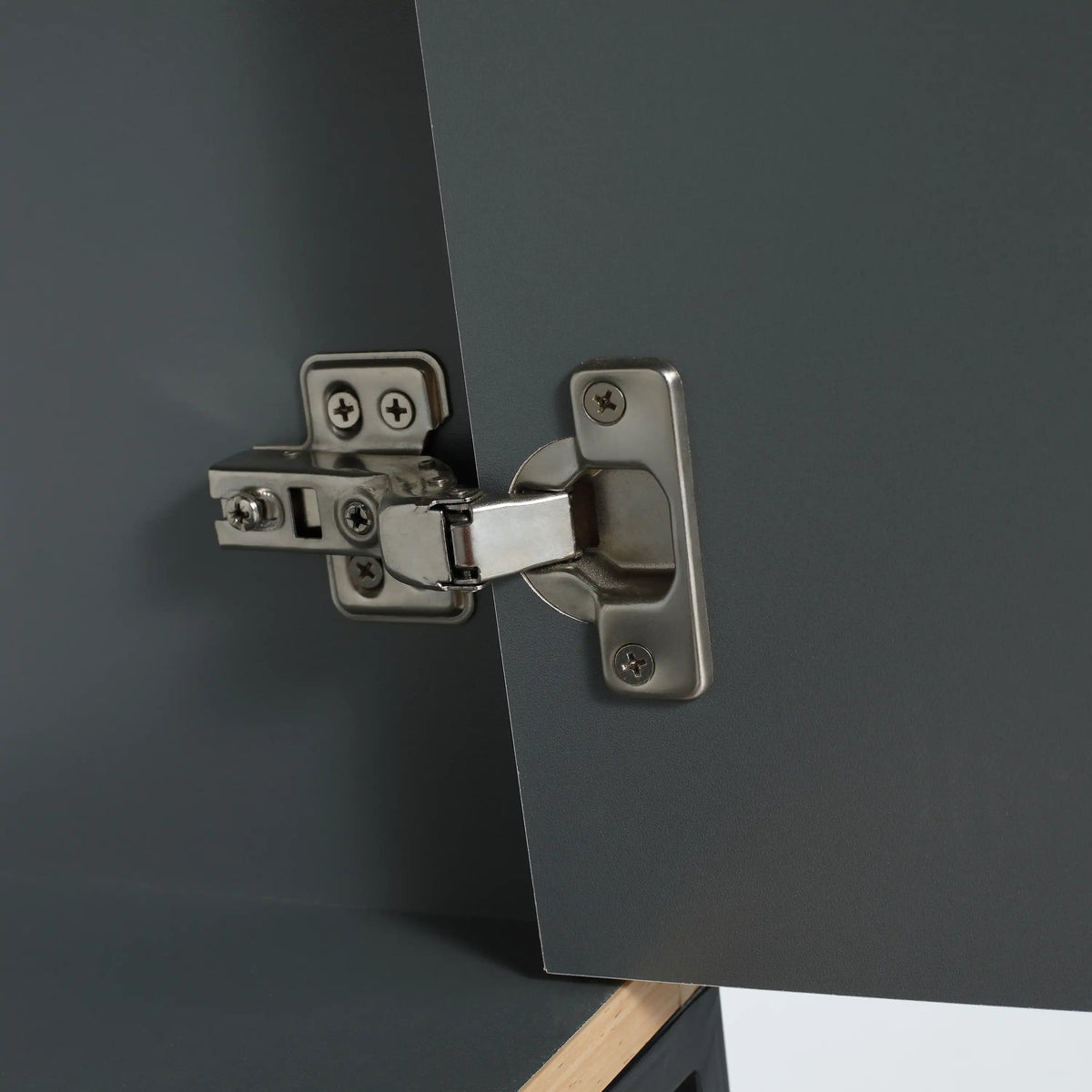 Freestanding 24 inch bathroom vanity with sink soft-close hinge hardware detail.