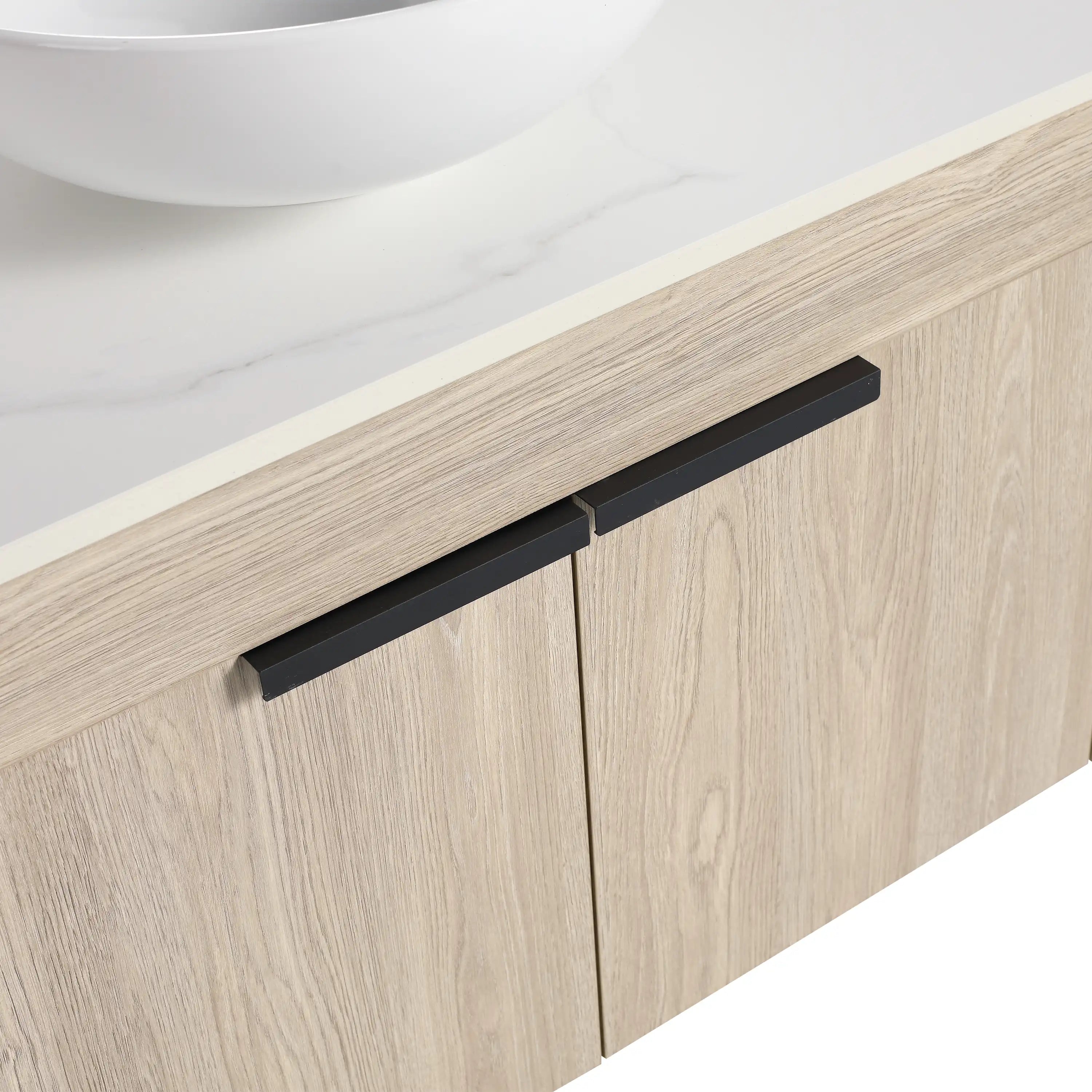 Close-up of the black handle on the Oakline Vessel Series wall-mounted bathroom vanity.