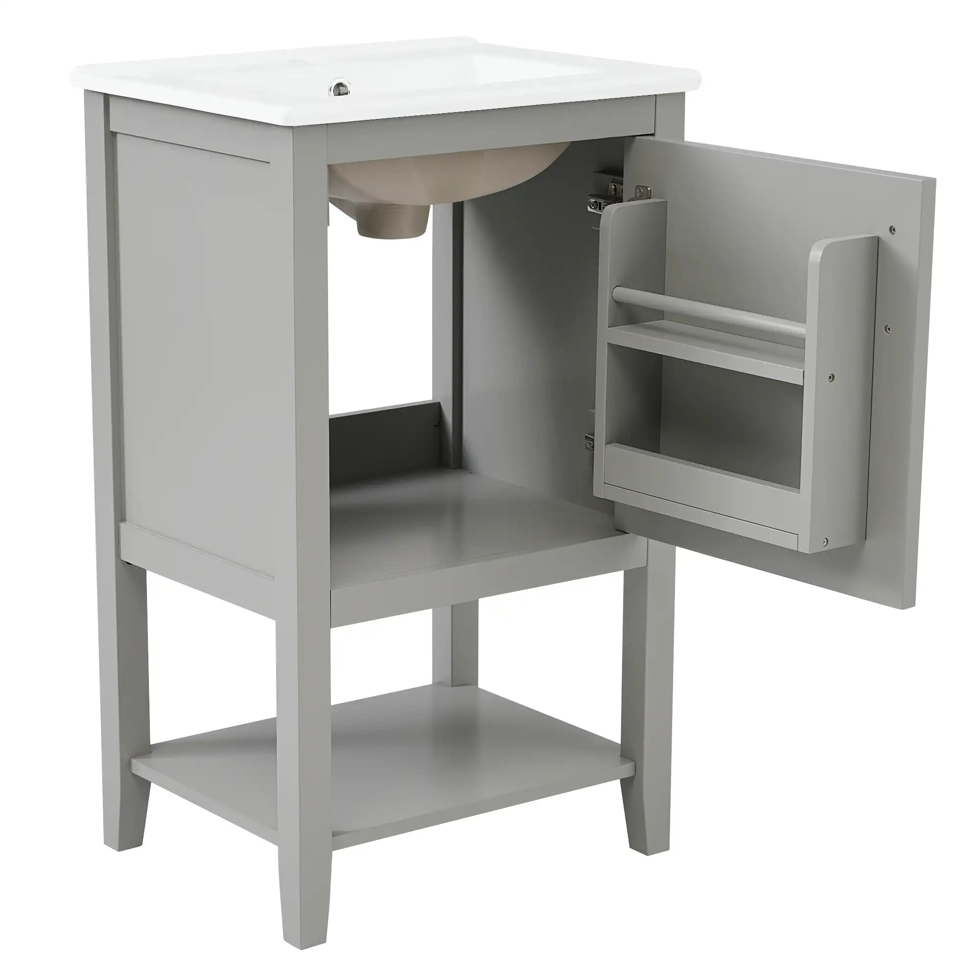 Mistford Series 20-inch taupe grey bathroom vanity with door open showing storage rack.