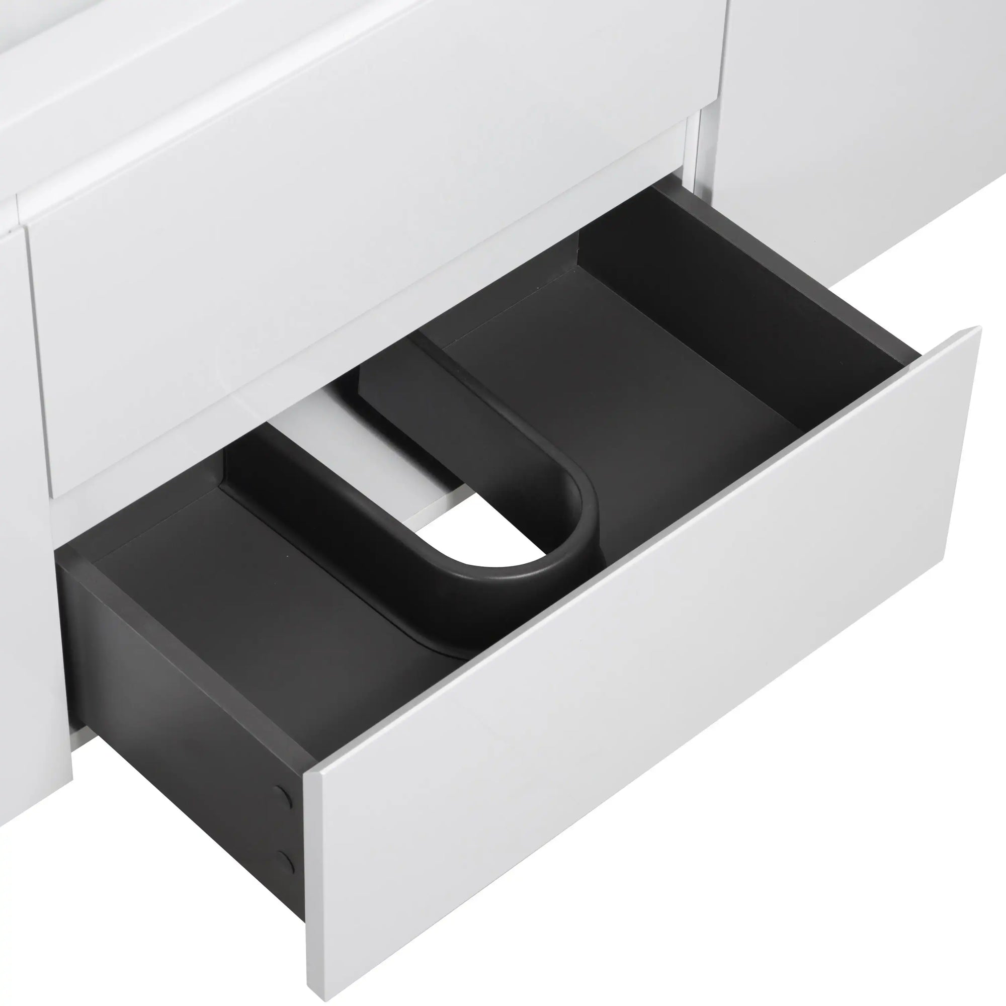 59 inch bathroom vanity featuring deep U-shaped drawer design to maximize storage around plumbing | Ace Decor