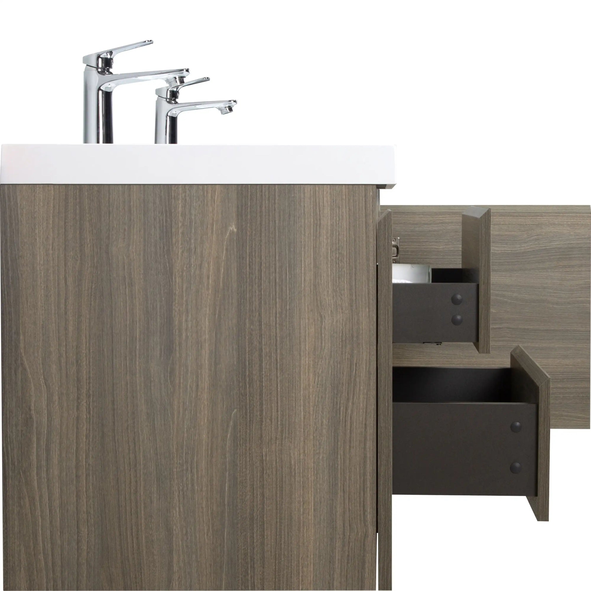 59 inch double sink vanity close-up showing ash grey cabinet finish and soft-close drawer construction | Ace Decor