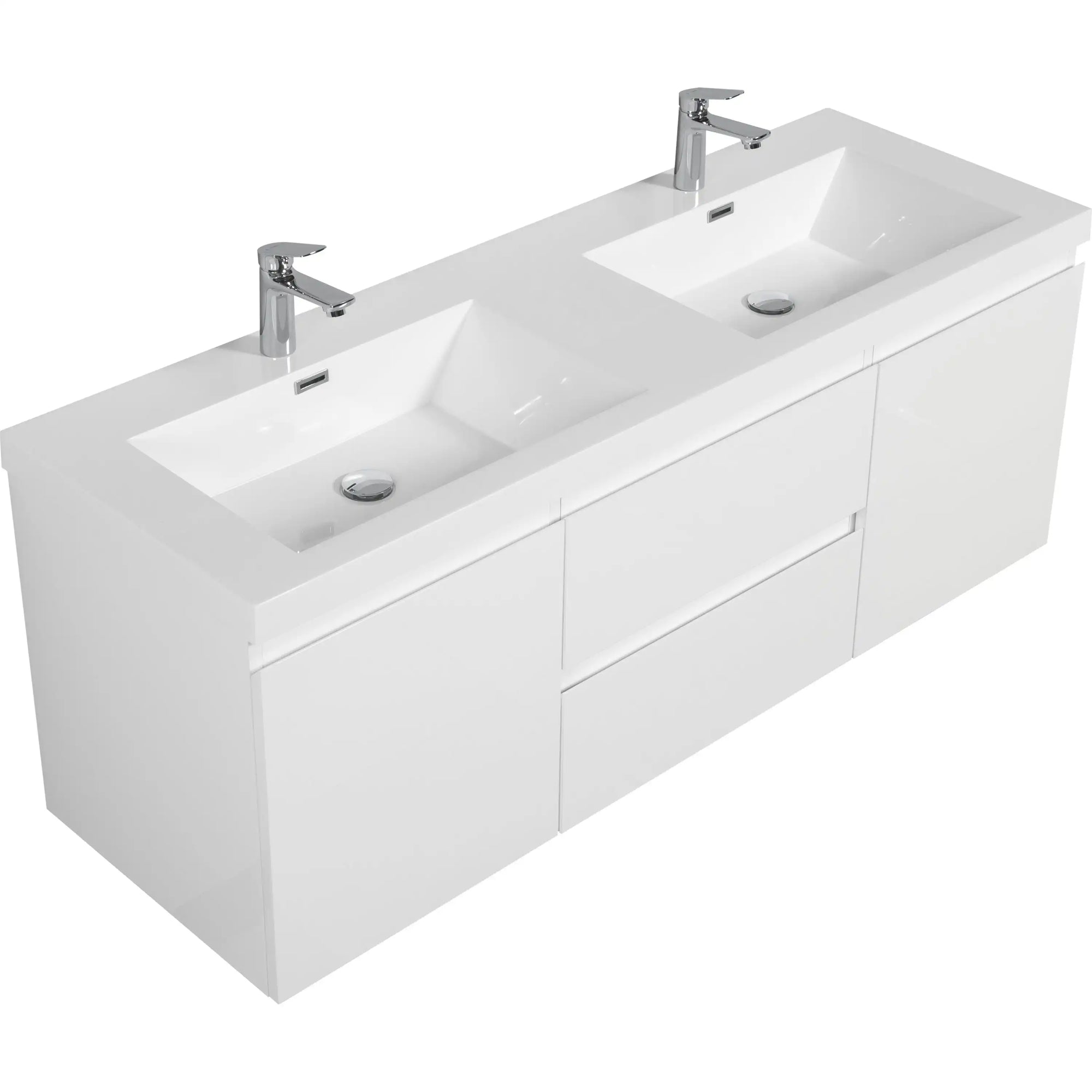 59 inch double sink vanity with dual integrated sinks and clean white floating cabinet design | Ace Decor