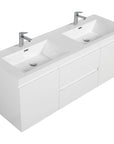 59 inch double sink vanity with dual integrated sinks and clean white floating cabinet design | Ace Decor