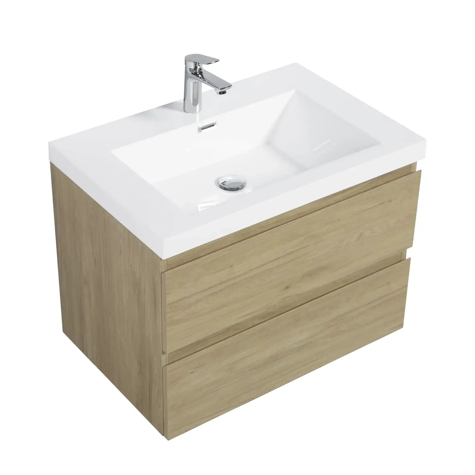 23-42 Inch Natural Oak Bathroom Floating Vanity with Resin Sink and 2 Soft-Close Drawers
