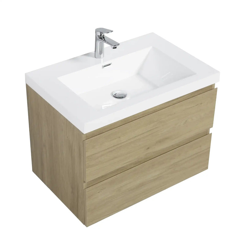 24-42 Inch Natural Oak Bathroom Floating Vanity with Resin Sink and 2 Soft-Close Drawers