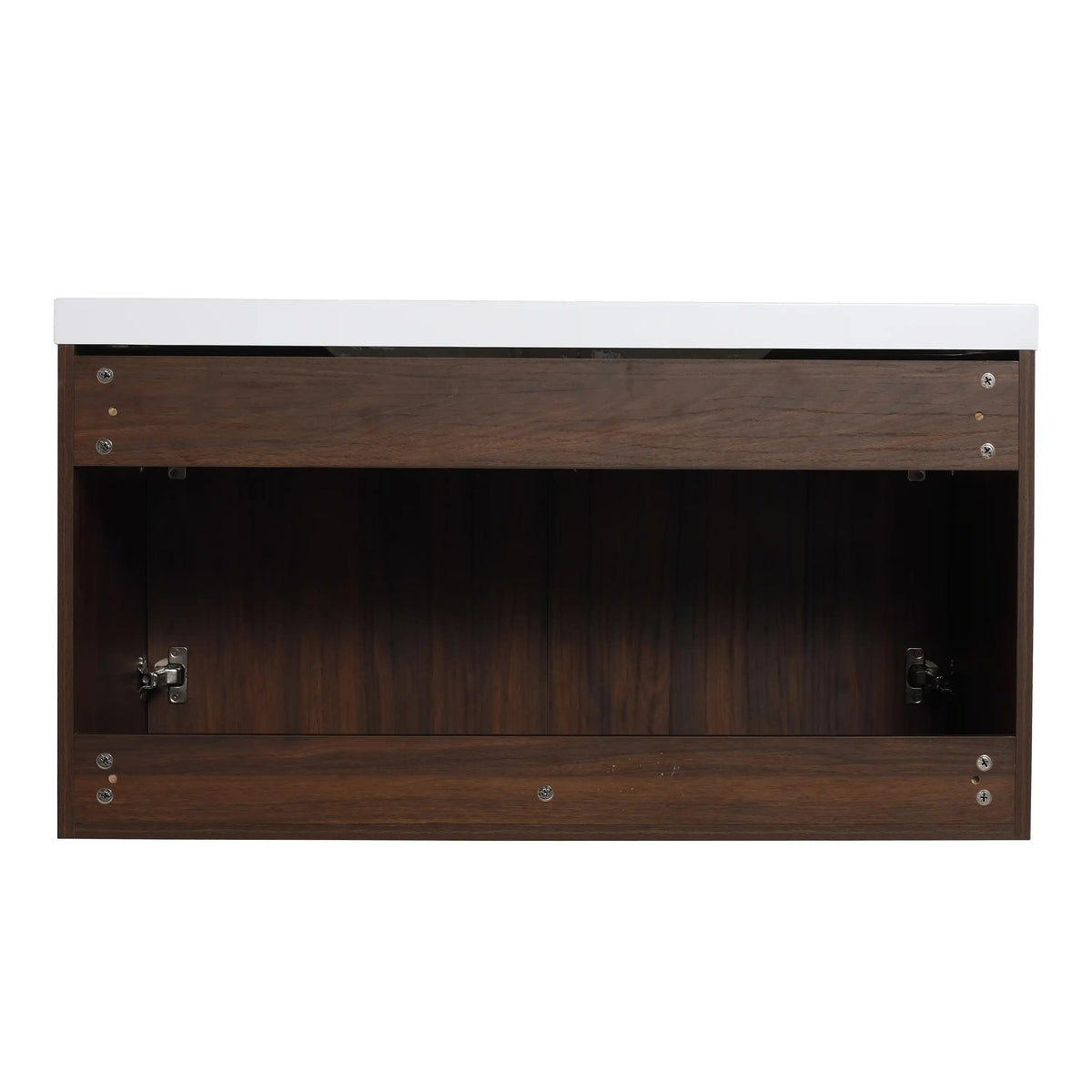 Rear view of the Monterey bathroom vanity in walnut finish.