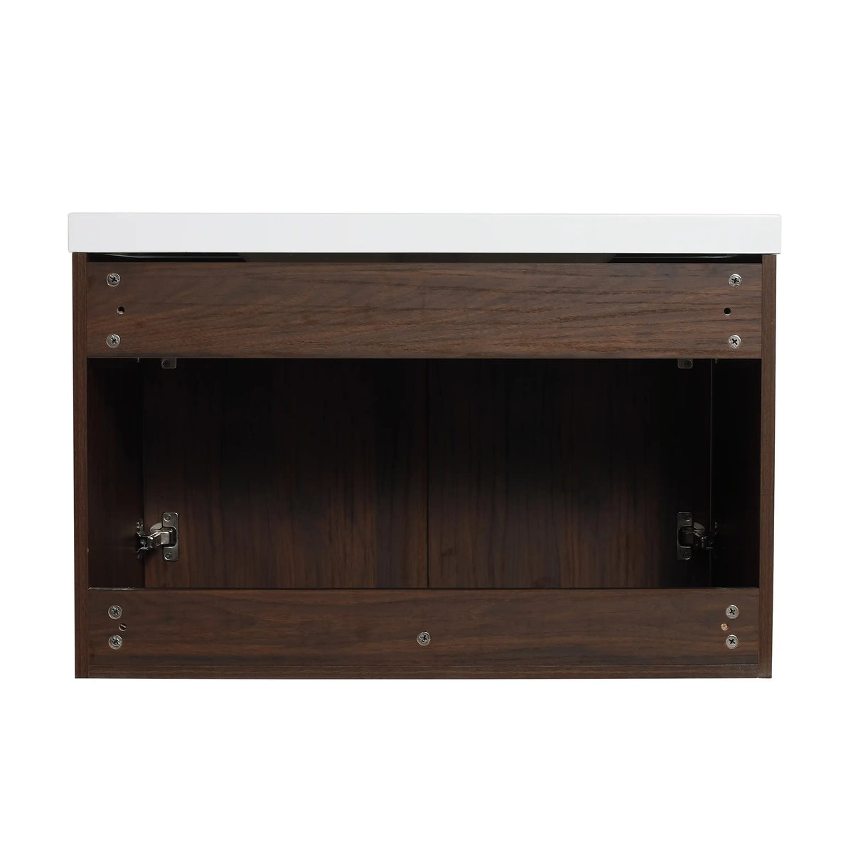 Rear view of the Monterey 30 inch walnut finish bathroom vanity.