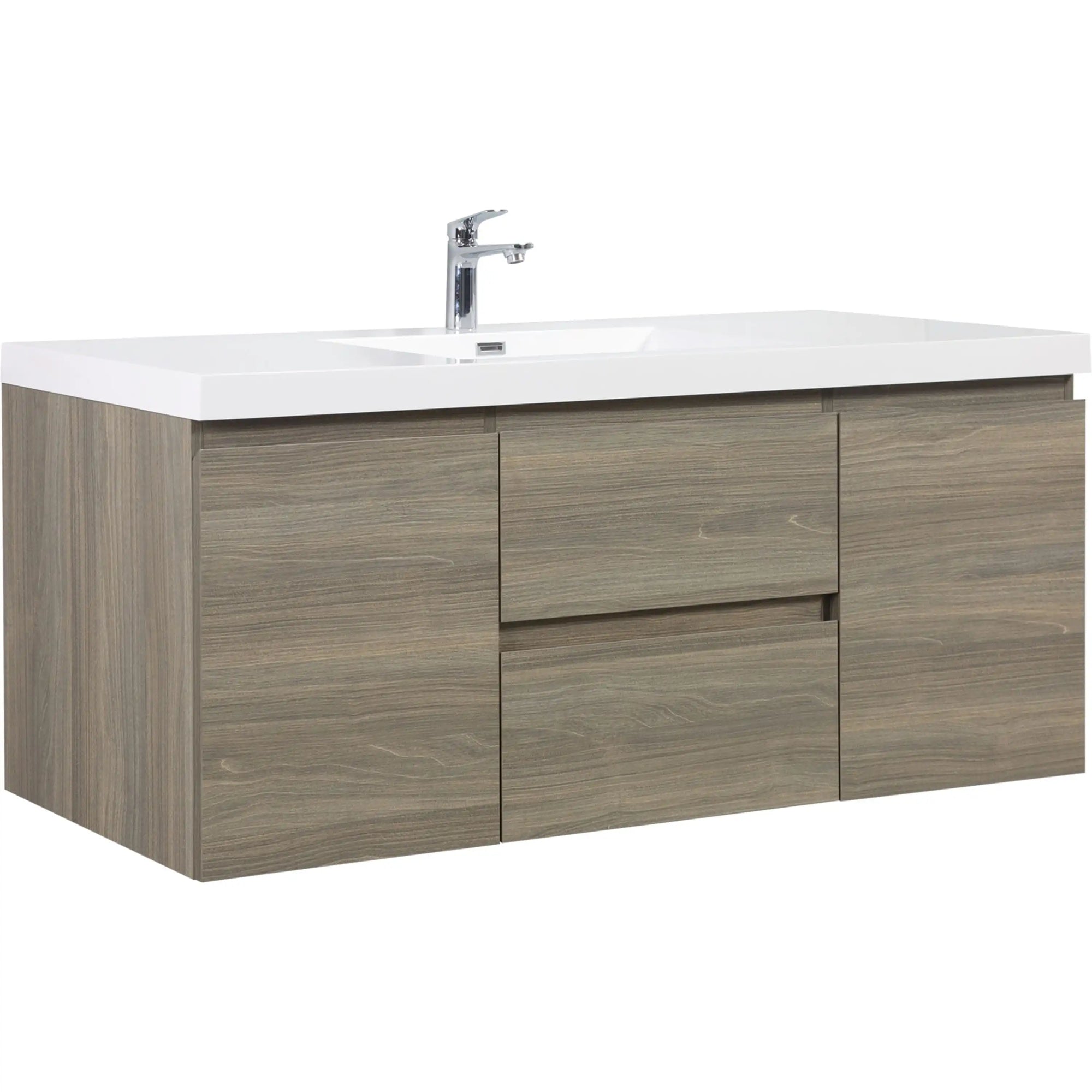Angled view of 59 inch vanity single sink showing minimalist ash grey floating cabinet and clean-lined profile | Ace Decor