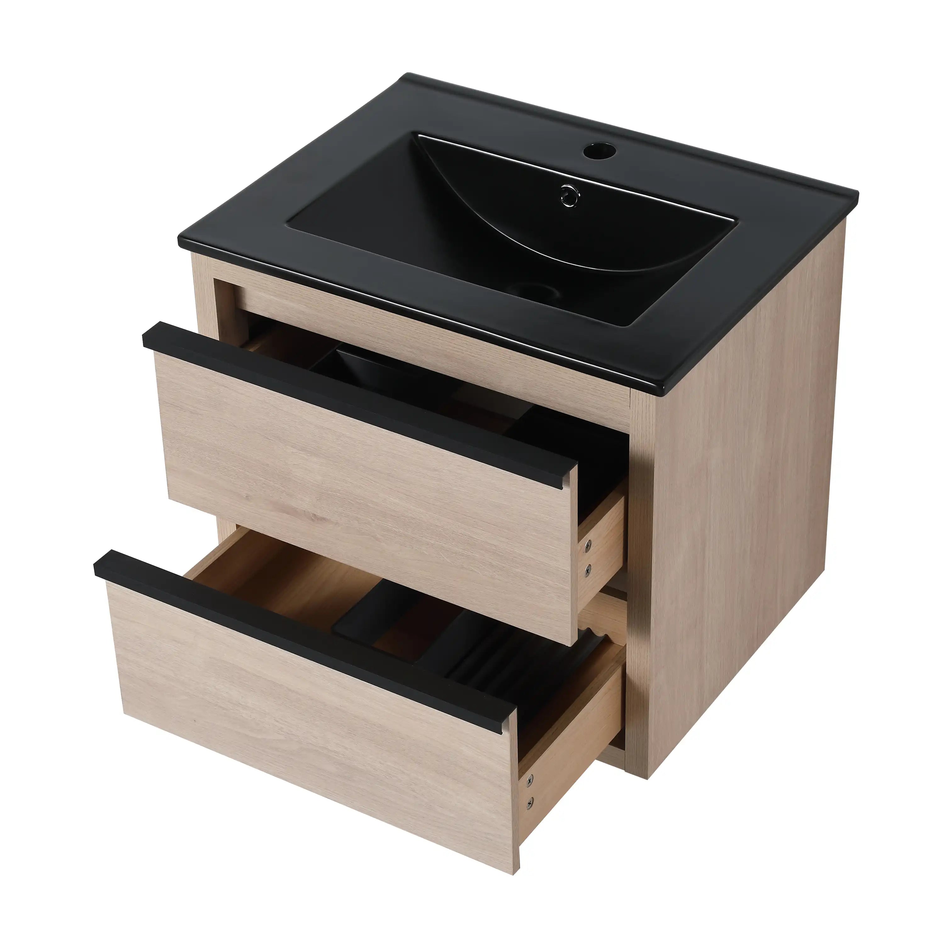 24" wall mounted bathroom vanity with double drawers open and black sink top.
