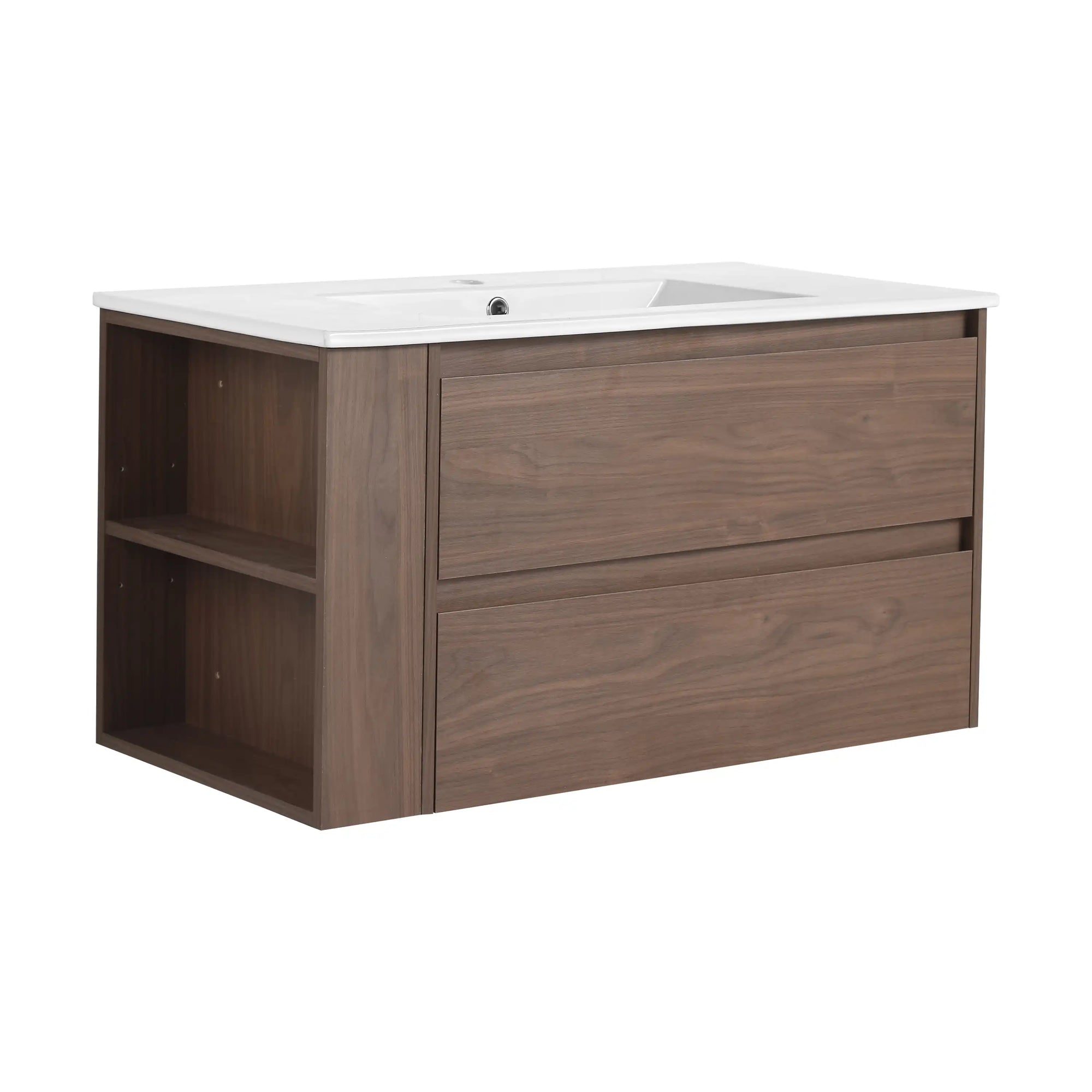 36" brown oak floating cabinet with side open shelves for 36 inch wall mounted bathroom | Ace Decor