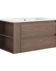 36" brown oak floating cabinet with side open shelves for 36 inch wall mounted bathroom | Ace Decor