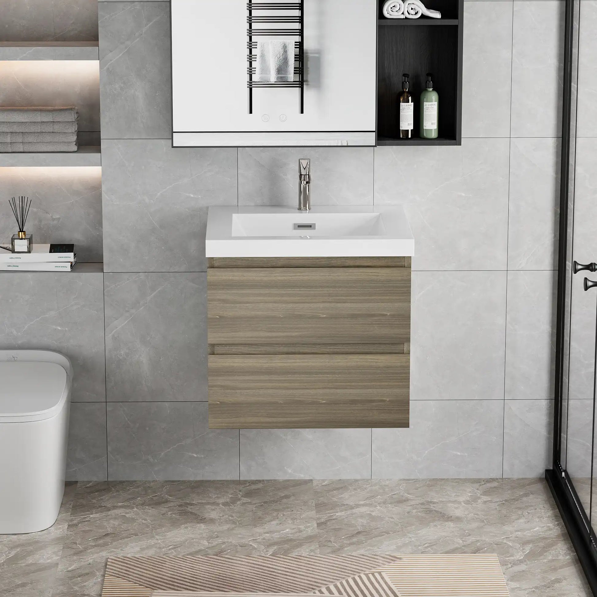 Floating Bathroom Vanity with Resin Top Basin & Soft Close Drawers - Modern Wall-Mounted Storage Cabinet color: Ash Grey