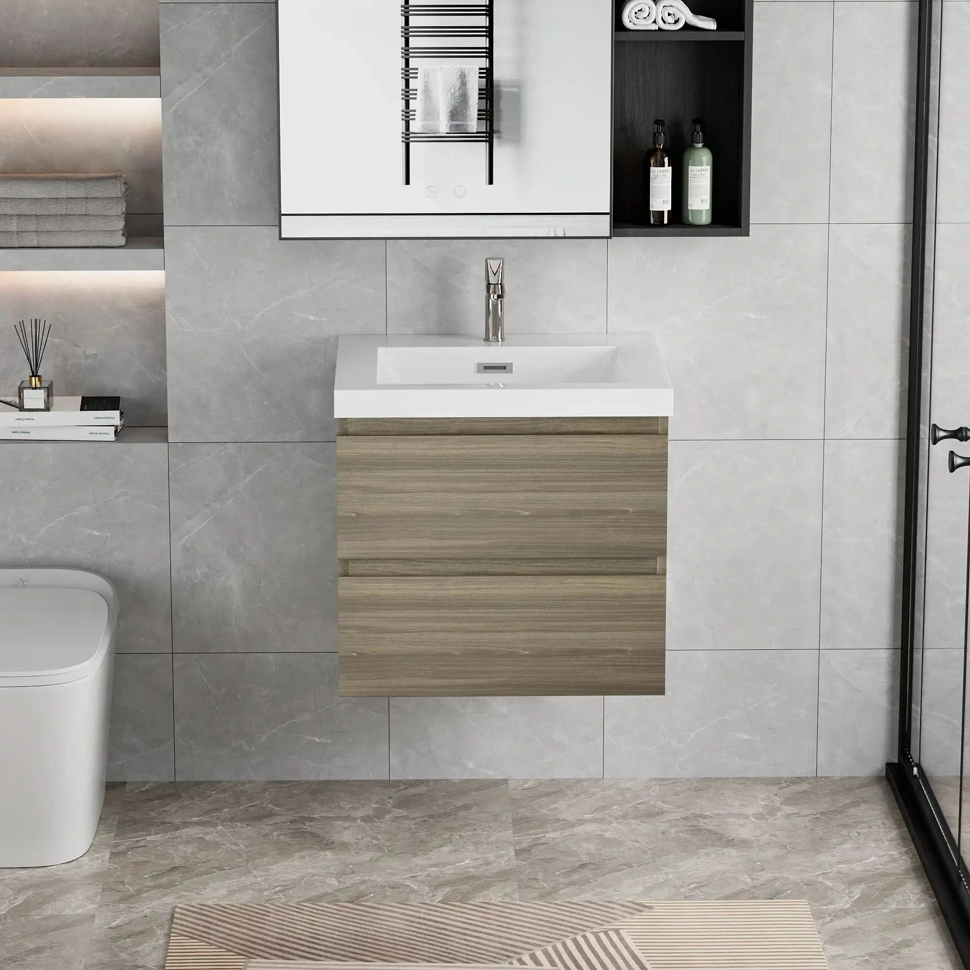 Floating Bathroom Vanity with Resin Top Basin &amp; Soft Close Drawers - Modern Wall-Mounted Storage Cabinet color: Ash Grey