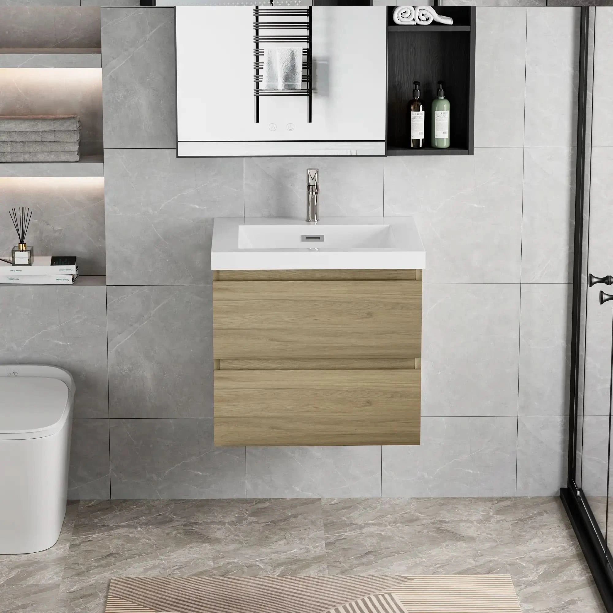 Floating Bathroom Vanity with Resin Top Basin &amp; Soft Close Drawers - Modern Wall-Mounted Storage Cabinet color: Oak