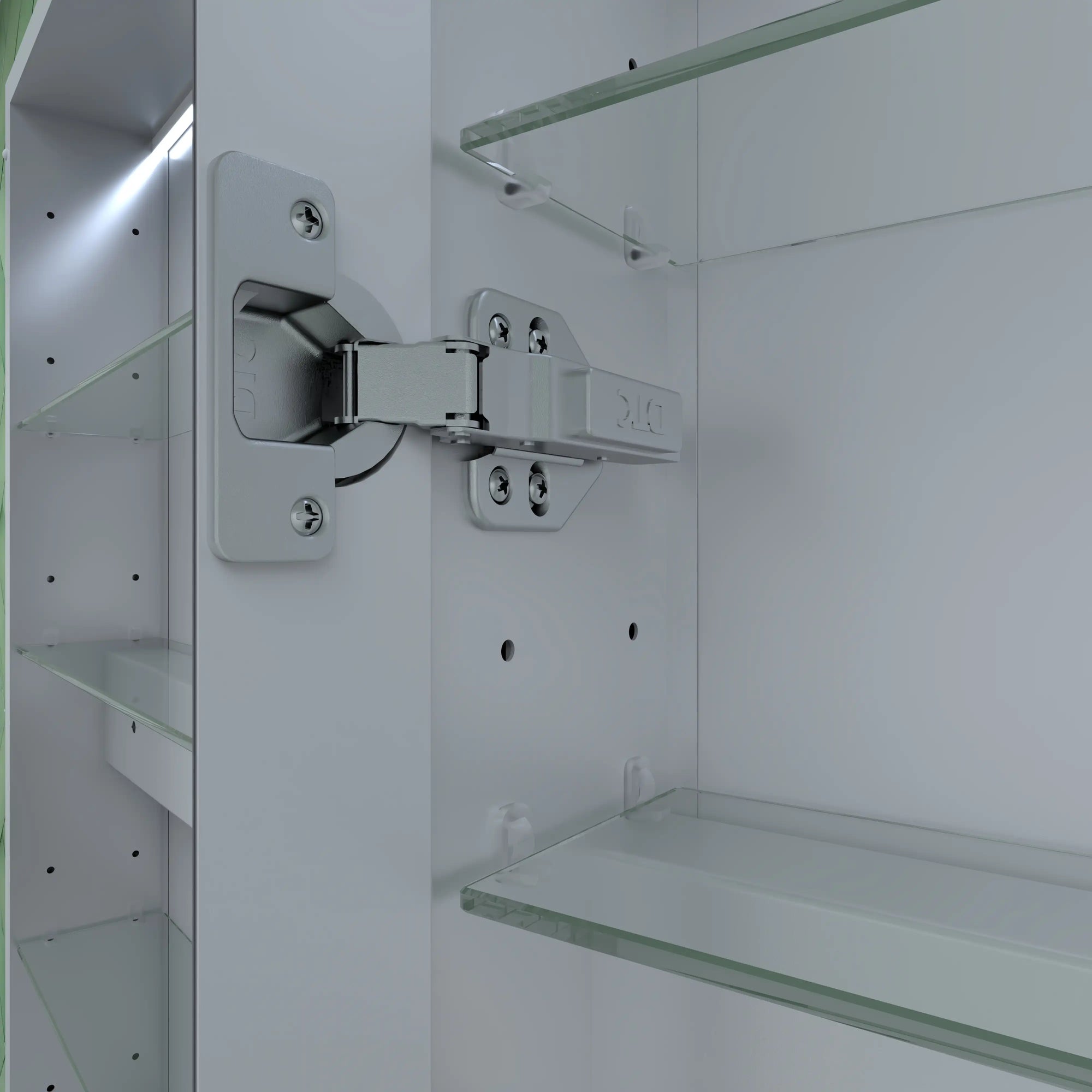 Stainless steel hinge and adjustable glass shelves inside bathroom mirror cabinet | ACE DECOR