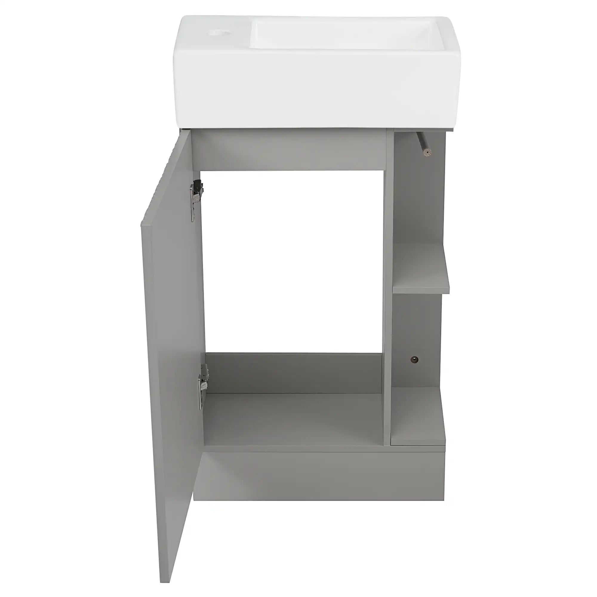 18 inch vanities for bathrooms with open storage, front view in textured gray | Ace Decor