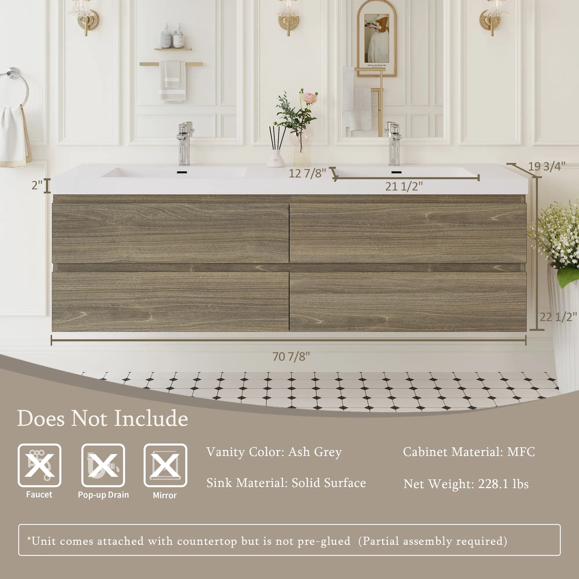 TerraLine 72" dark oak floating vanity specifications with dimensions, weight and materials.