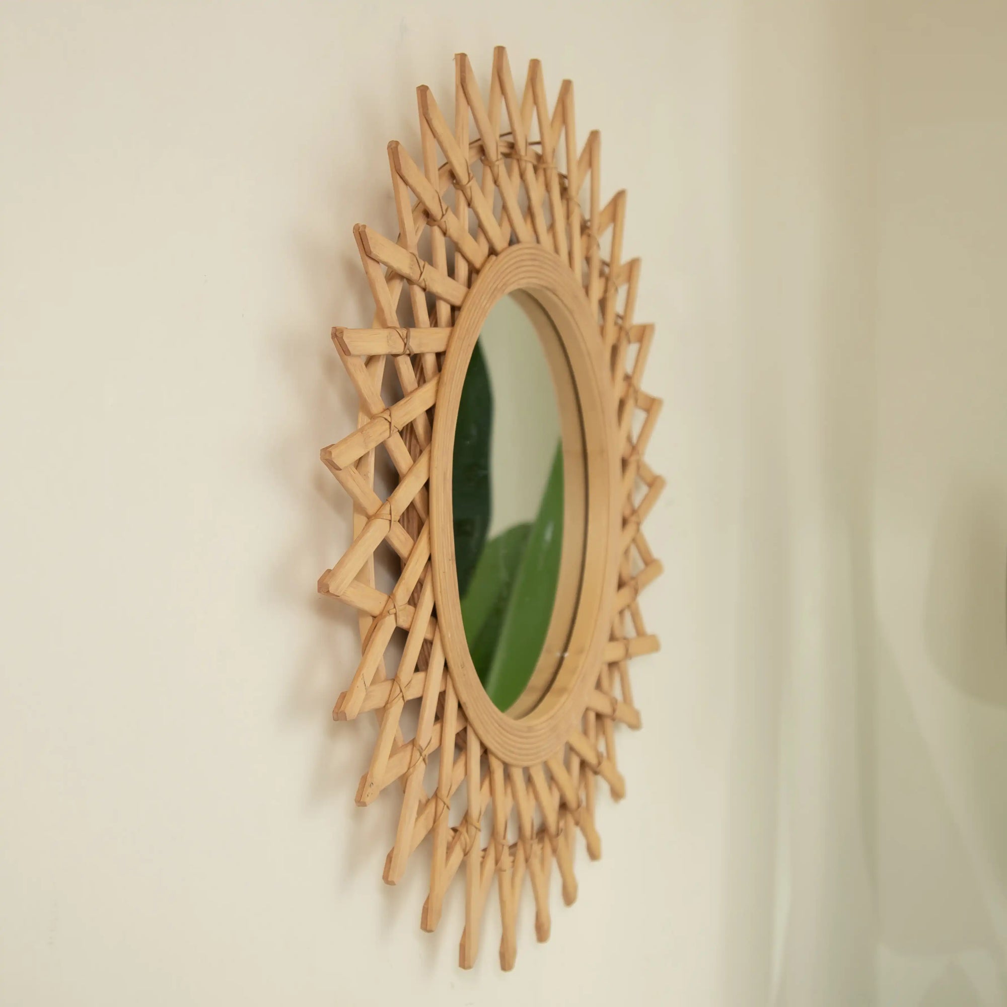 Side angle of the 24-inch bamboo bathroom mirror with handcrafted sunburst frame | Ace Decor