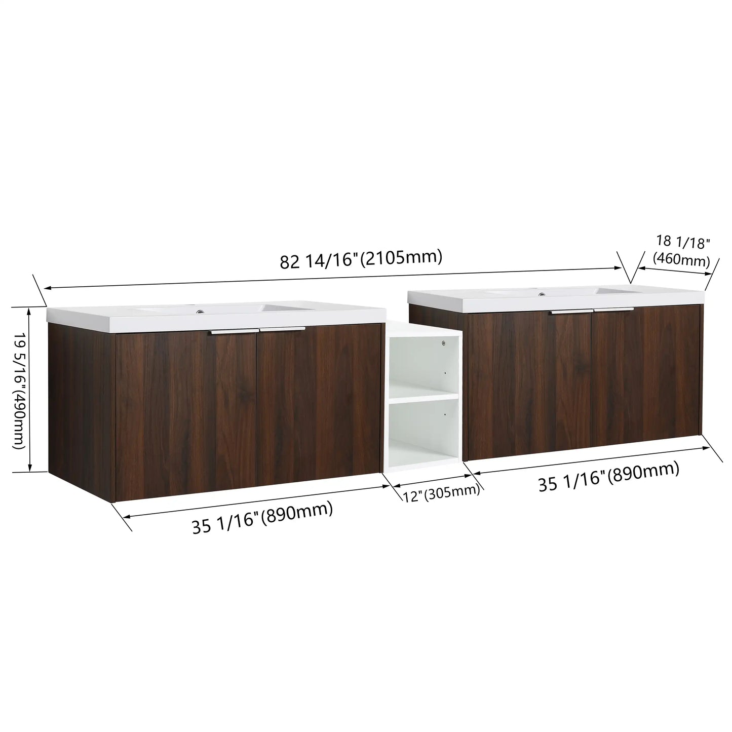 Floating Bathroom Cabinet with Sink & Soft-Close Doors - Ideal for Small Bathrooms color: California Walnut | size: 83 inch | combination: Middle Side Cabinet