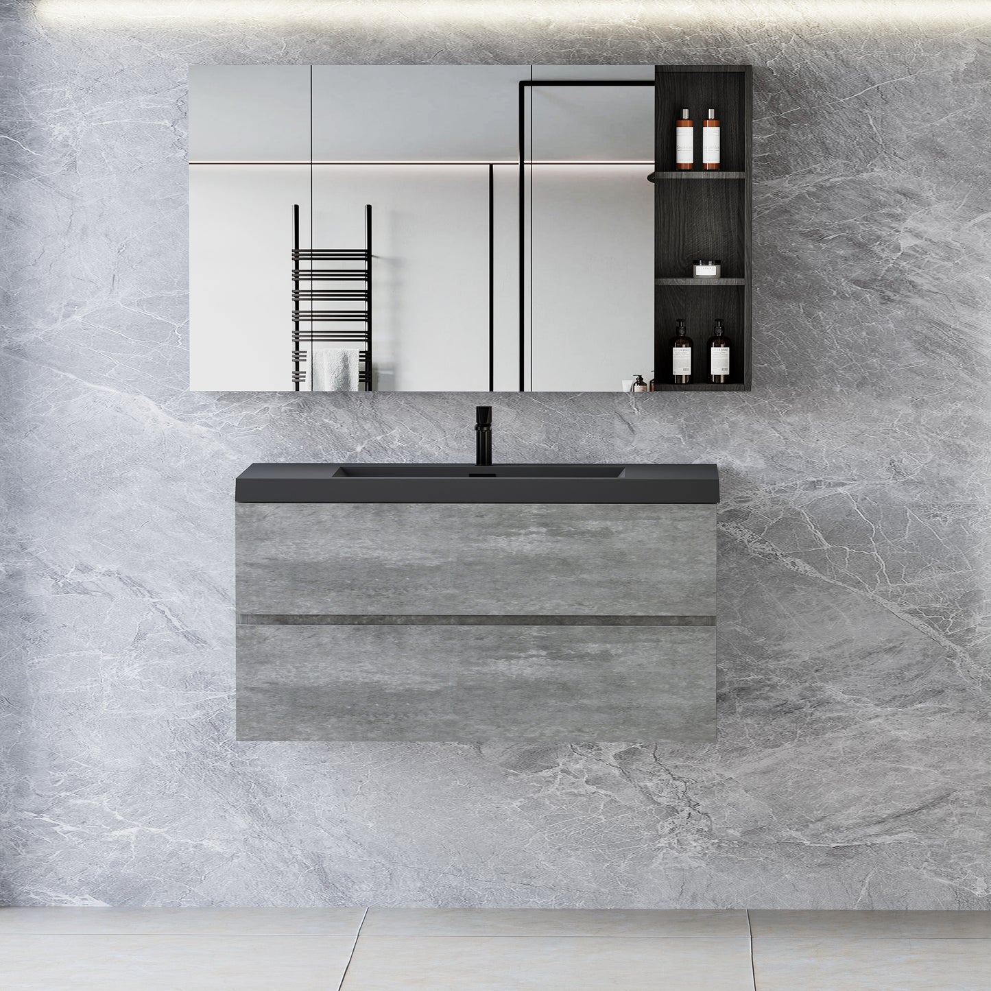 Floating Bathroom Vanity with Quartz Sand Basin and Soft Close Drawers color: Grey