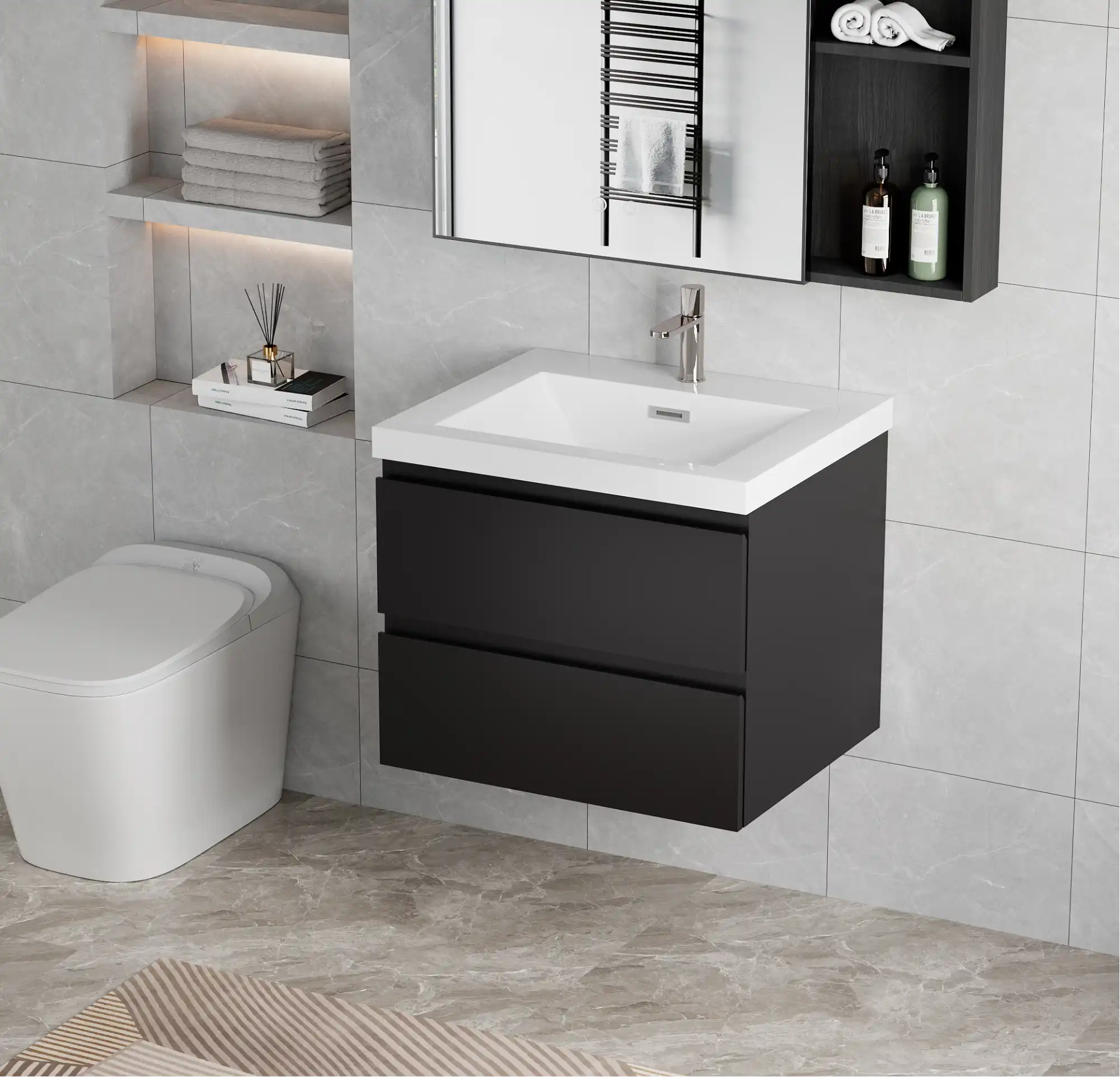 23-42 Inch Glossy Black Bathroom Floating Vanity with Resin Sink and 2 Soft-Close Drawers