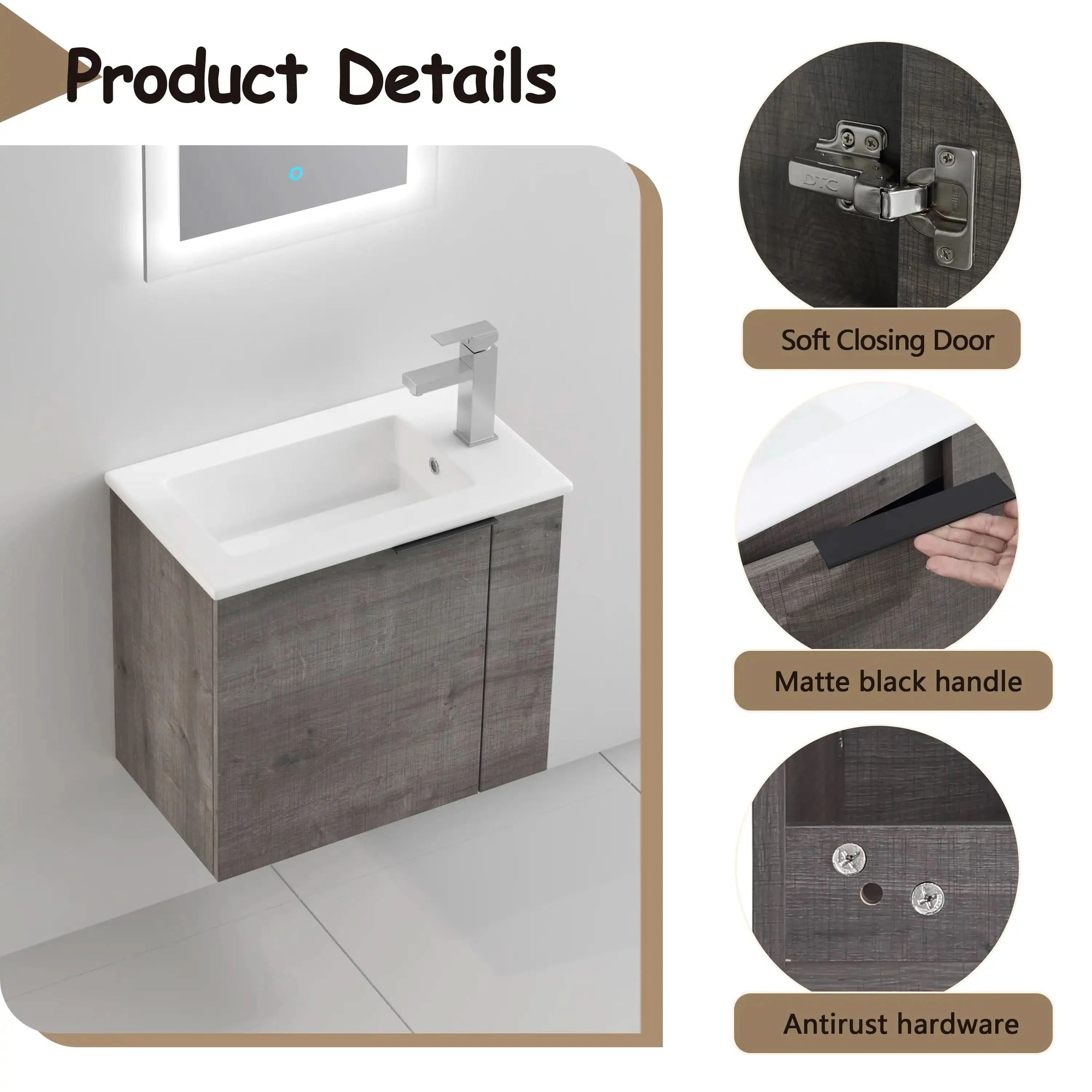 Bathroom Vanity with Sink 22 Inch for Small Floating Bathroom with Soft Close Door color: Plaid Grey Oak