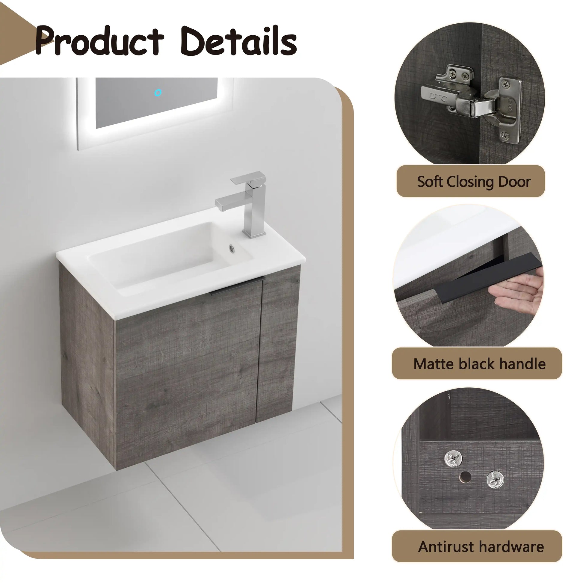 Bathroom Vanity with Sink 22 Inch for Small Floating Bathroom with Soft Close Door color: Imitative Oak