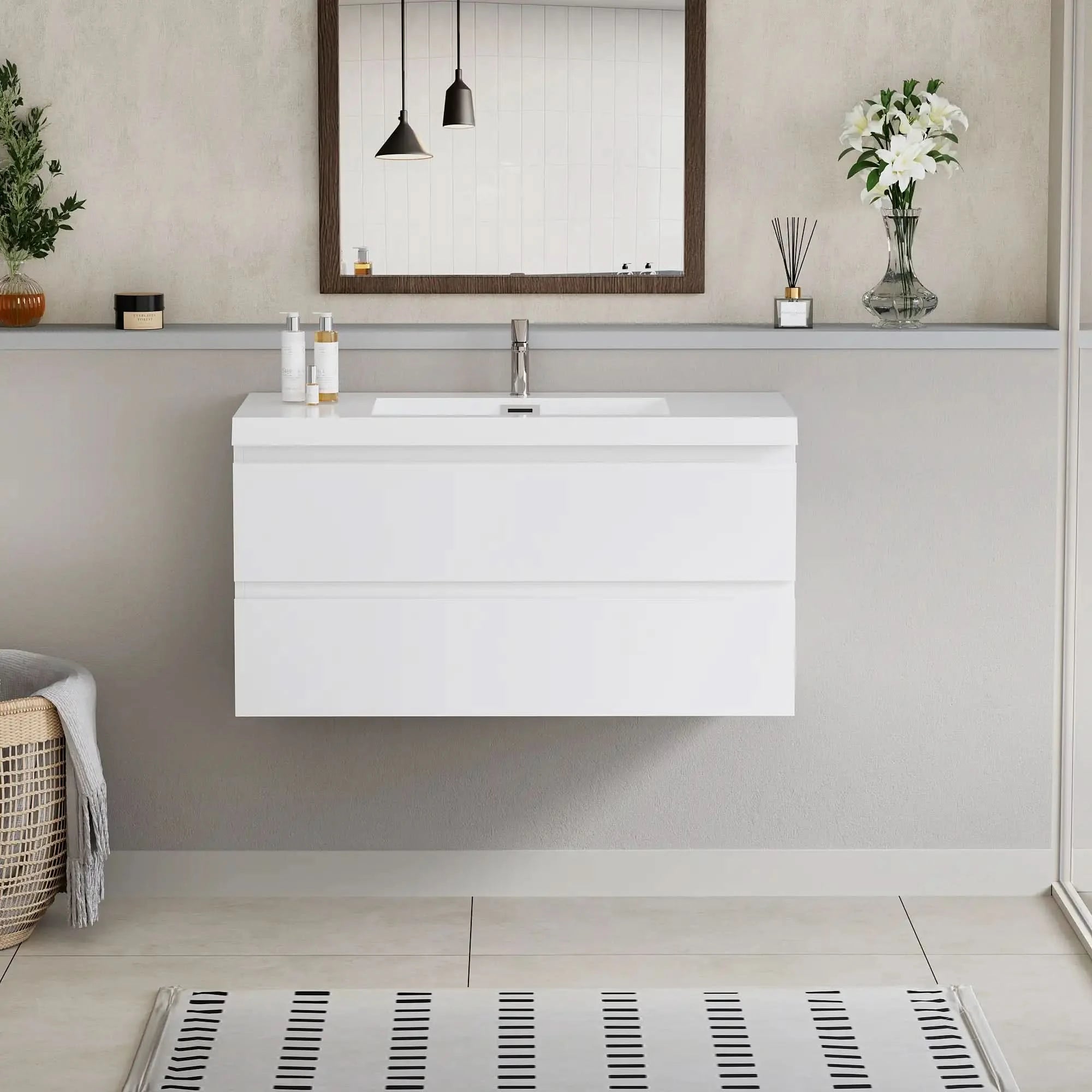 Floating Bathroom Vanity with Resin Top Basin & Soft Close Drawers - Modern Wall-Mounted Storage Cabinet color:White