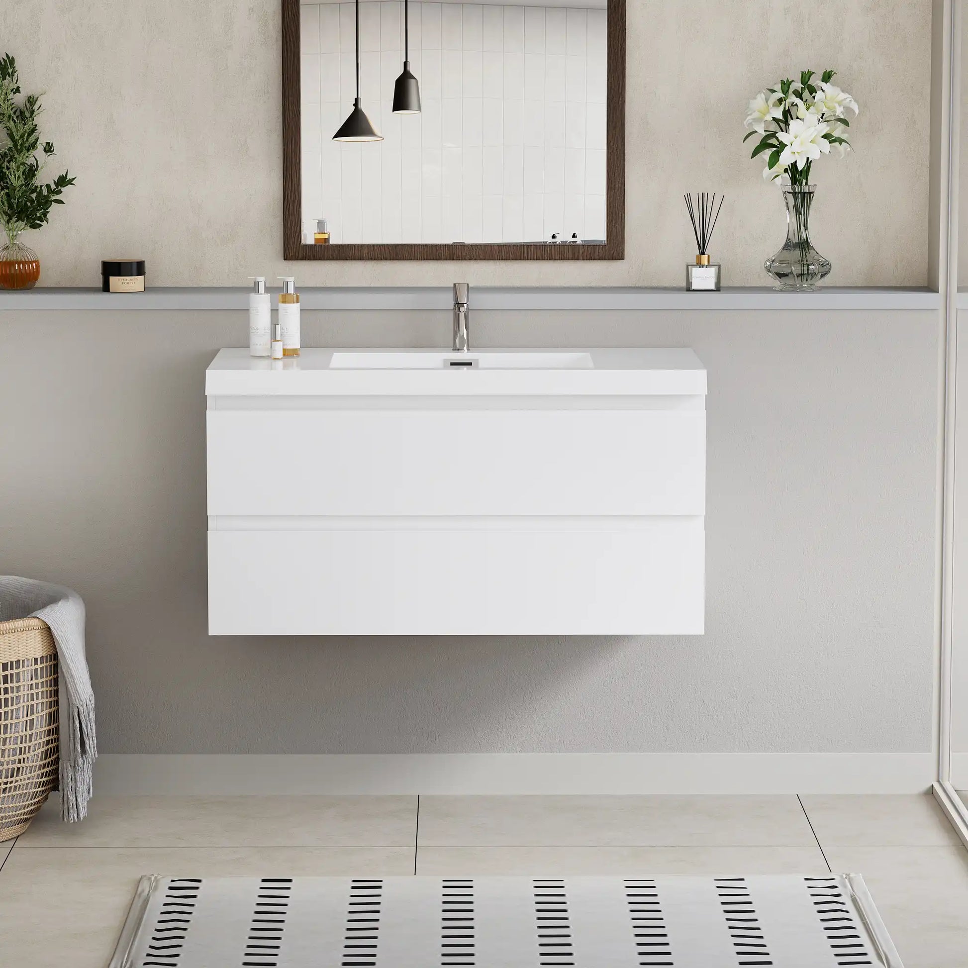 Floating Bathroom Vanity with Resin Top Basin & Soft Close Drawers - Modern Wall-Mounted Storage Cabinet color:White