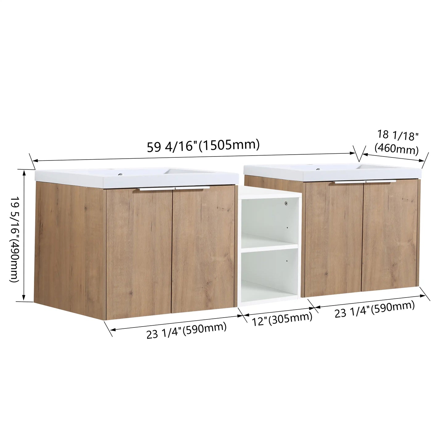 Floating Bathroom Cabinet with Sink & Soft-Close Doors - Ideal for Small Bathrooms color: Imitative Oak | size: 59 inch | combination: Middle Side Cabinet