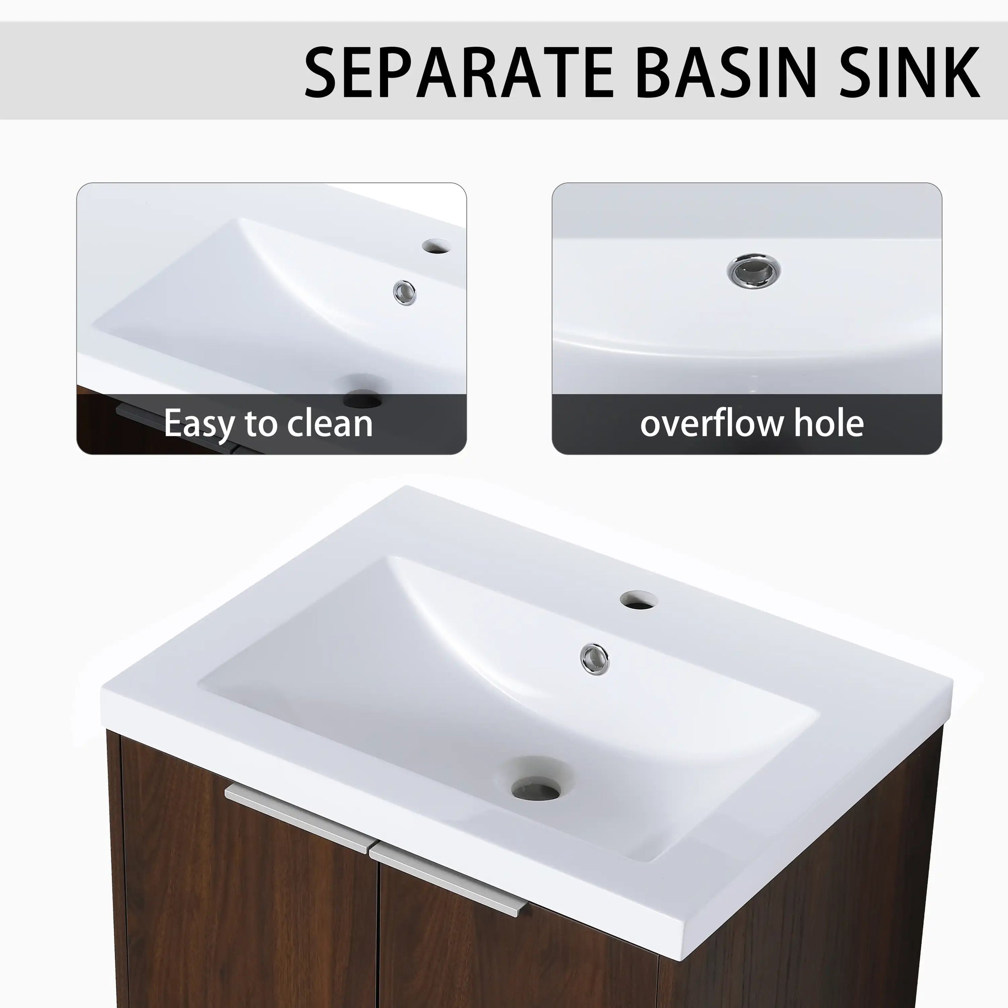 24" bathroom vanity walnut resin sink with overflow hole and easy-clean surface | Ace Decor