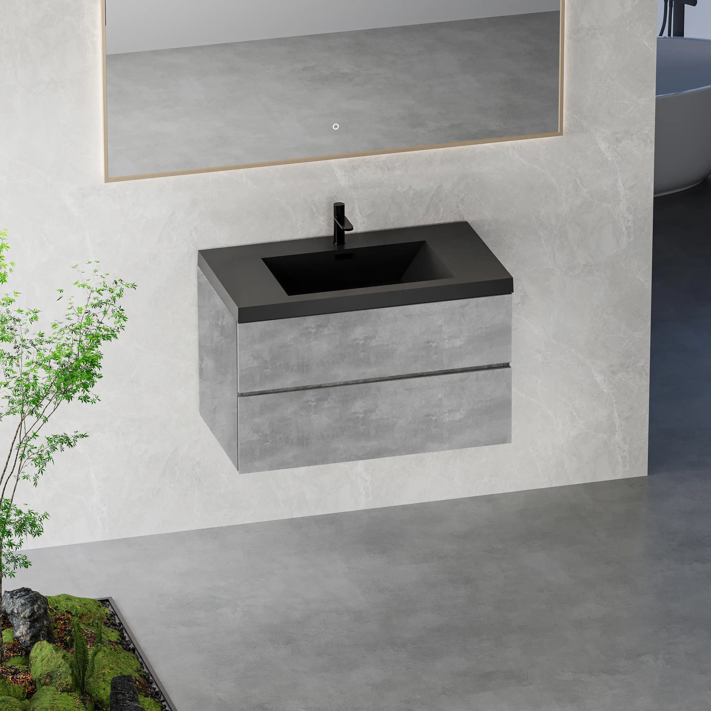23''-47'' Floating Dark Grey Corner Vanity with Matte Black Sink - 2 Soft Close Drawers