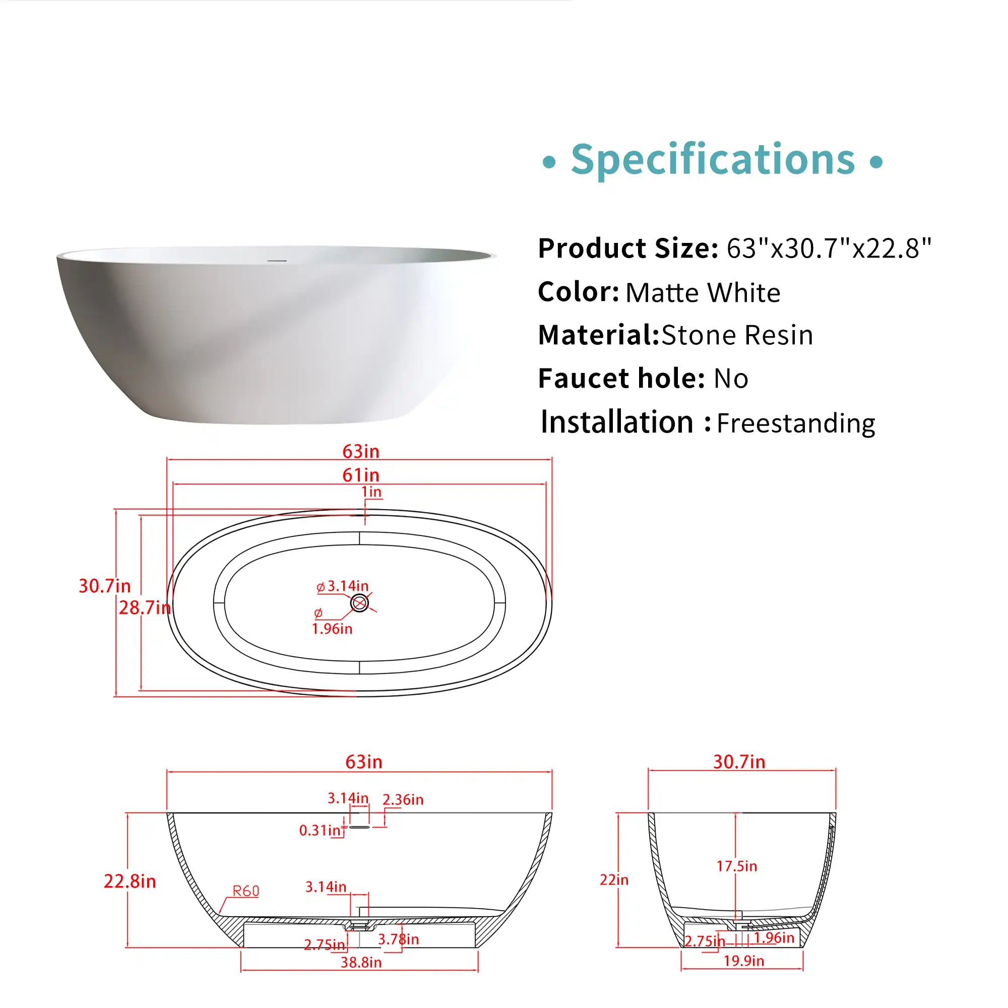 ACE DECOR freestanding bathtub Solid Surface Bathtub with detailed size and specifications in matte white.