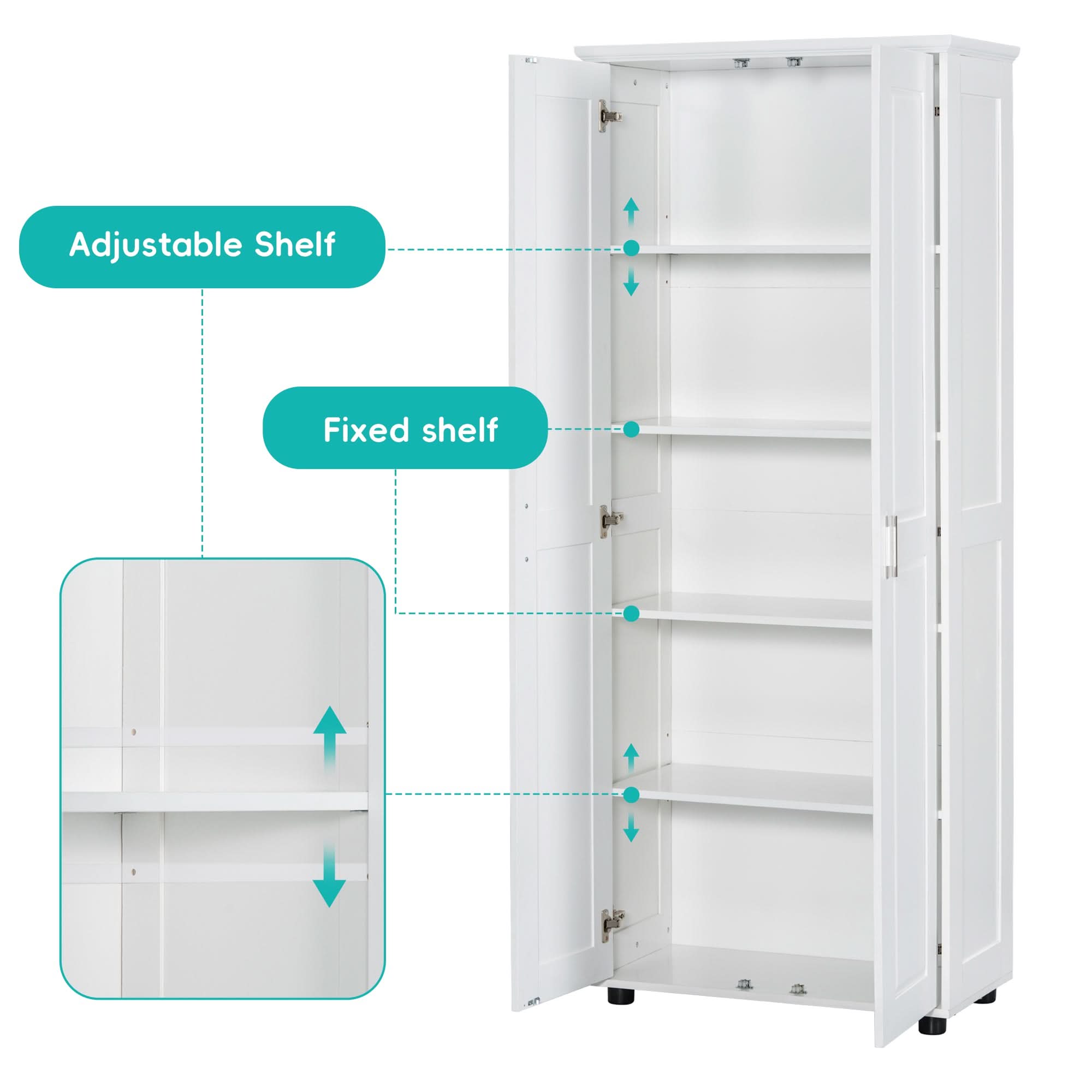 71.25-inch white tower bathroom cabinet with doors open, highlighting adjustable and fixed shelves for flexible storage organization.