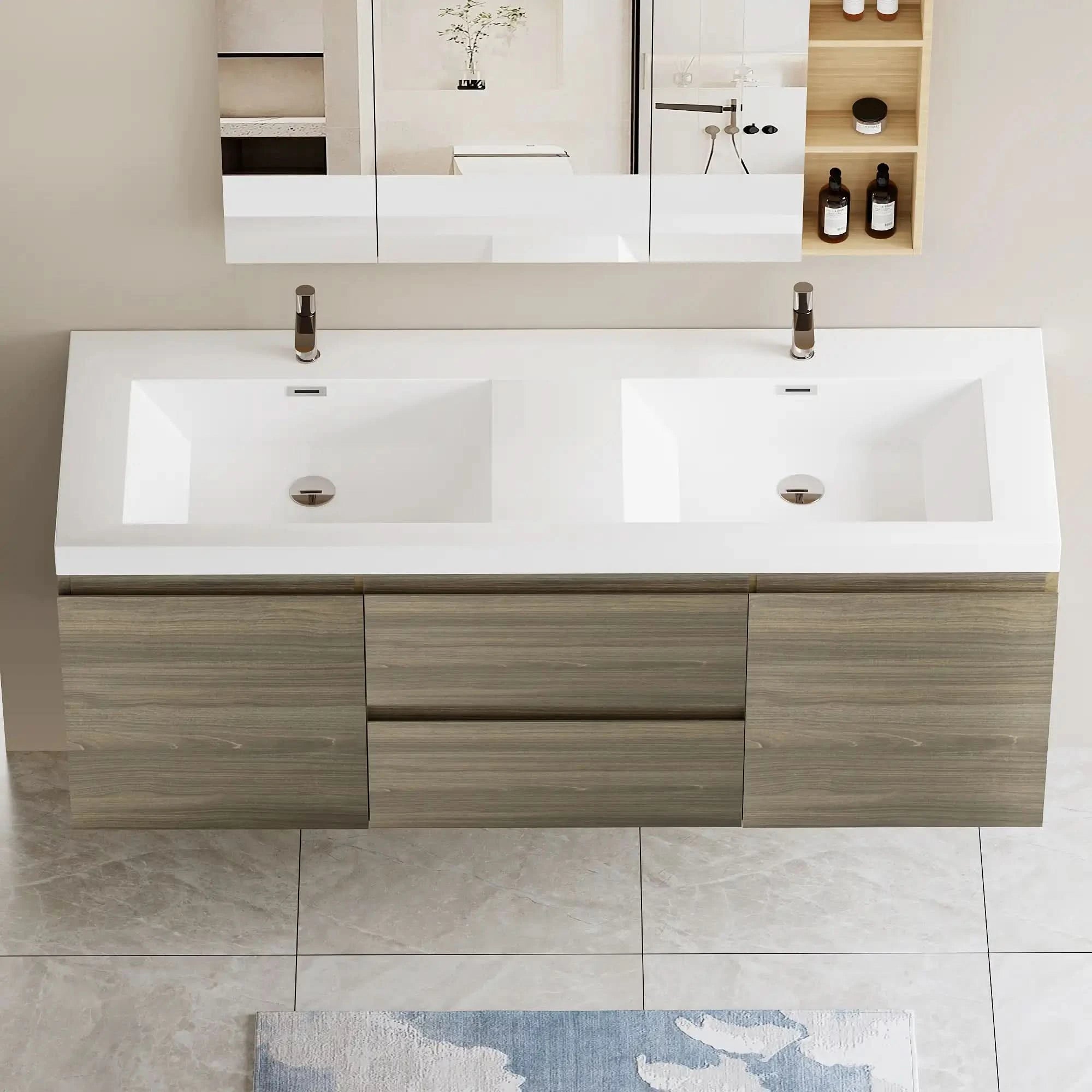 47/59&quot; Modern Floating Bathroom Vanity with Resin Top Basin color: Ash Grey | sink: Double