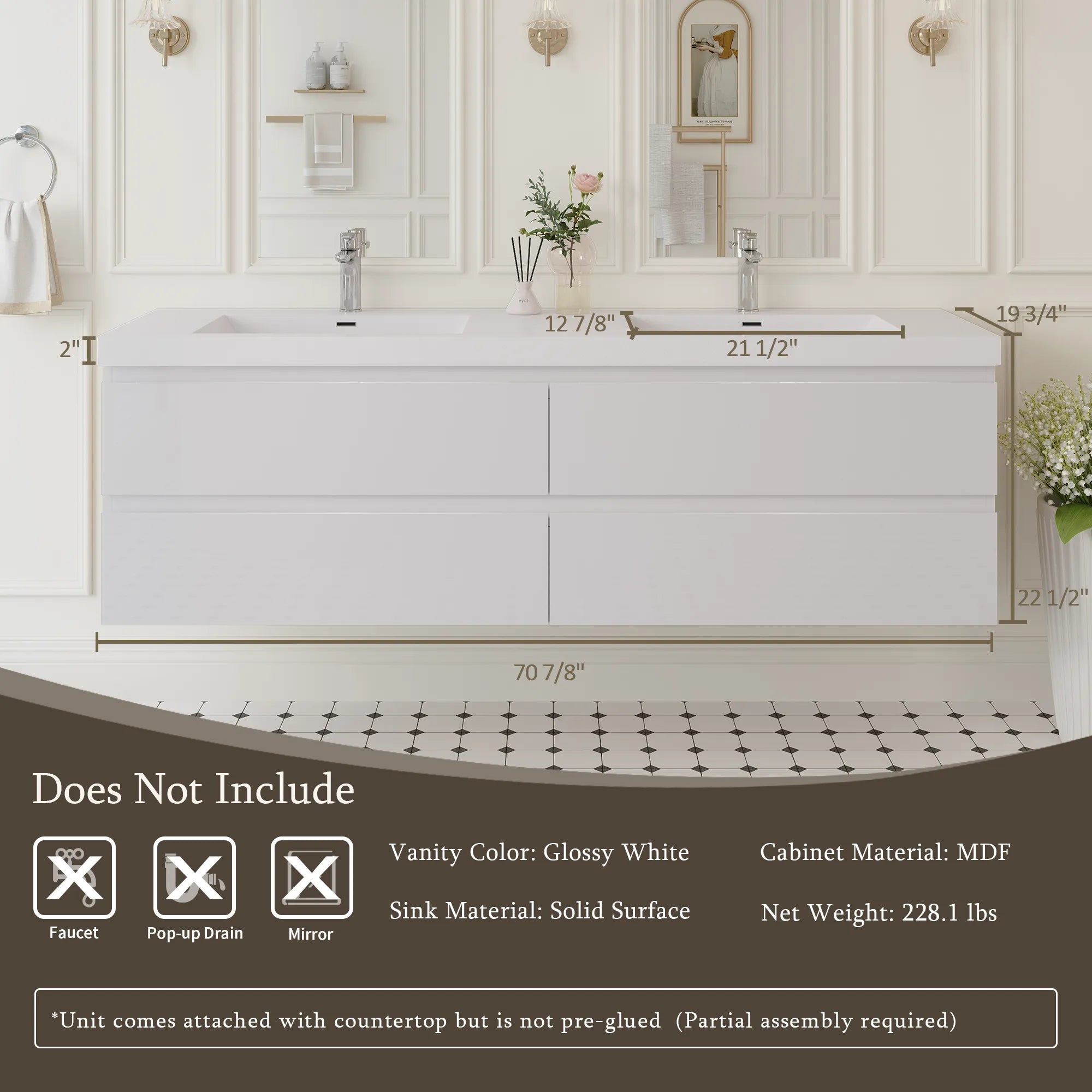 TerraLine 72" white floating vanity specifications with dimensions, weight and materials.