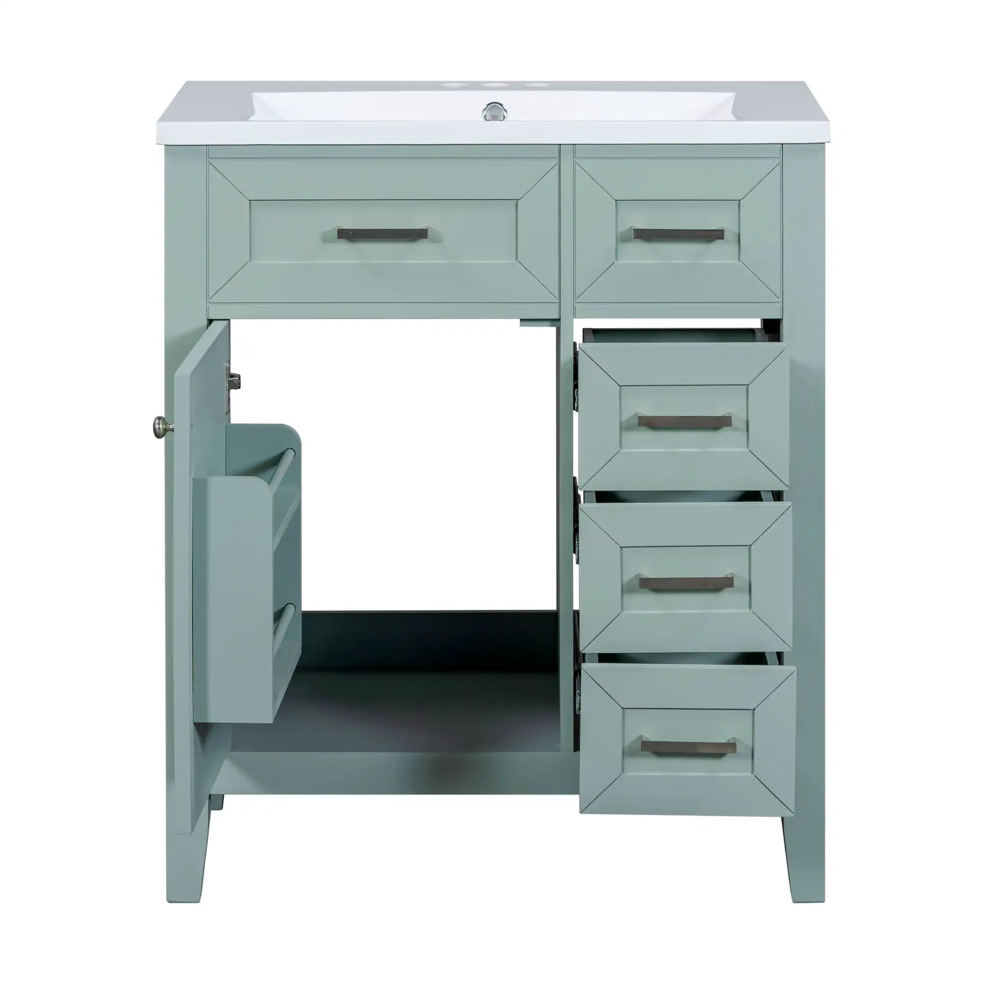 30 inch green bathroom vanity with sink, cabinet door and drawers open | Ace Decor